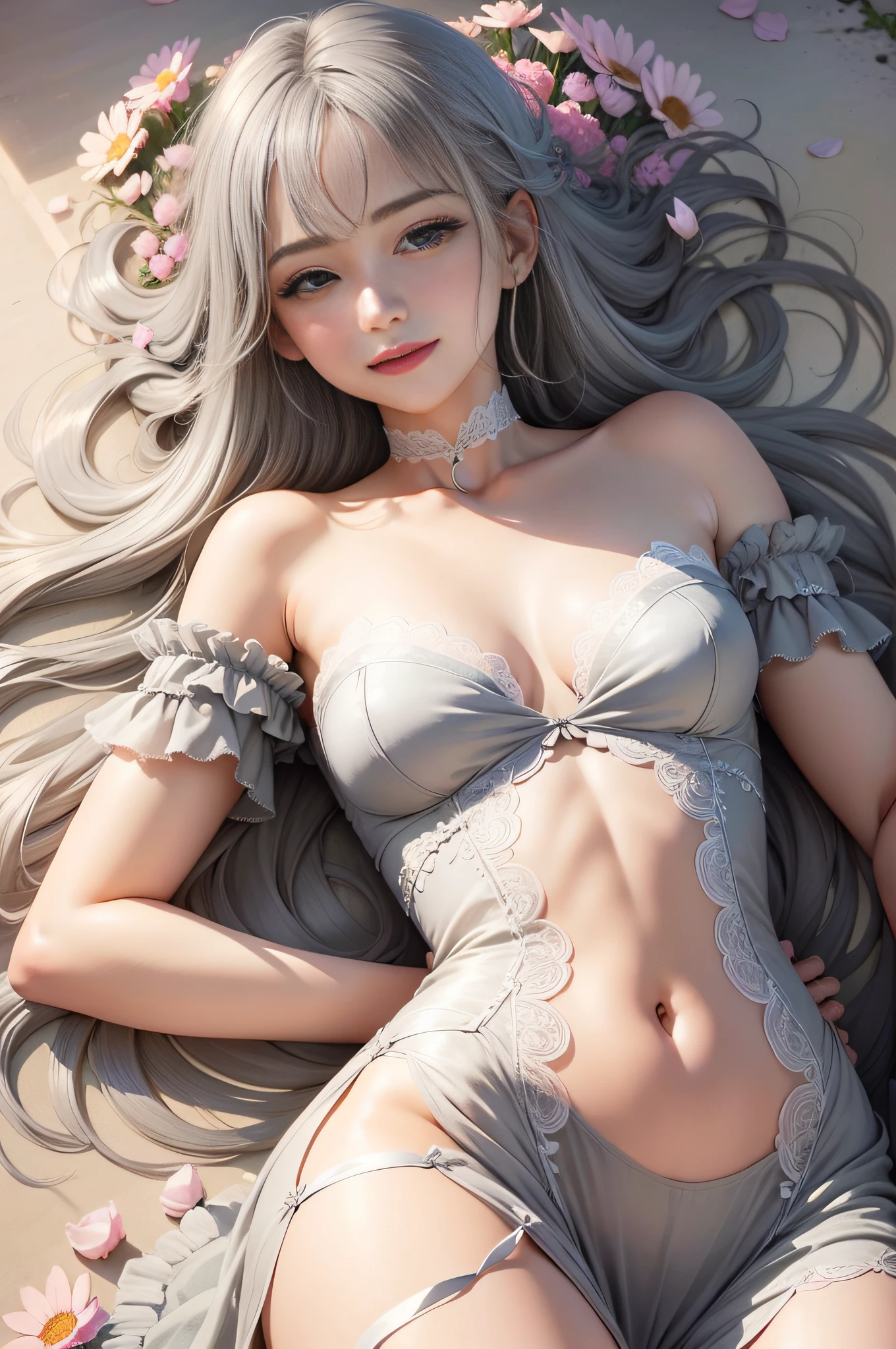 An extremely delicate and beautiful girl,Lying on a sea of flowers,illustration,Masterpiece, high quality,grey hair, light smile