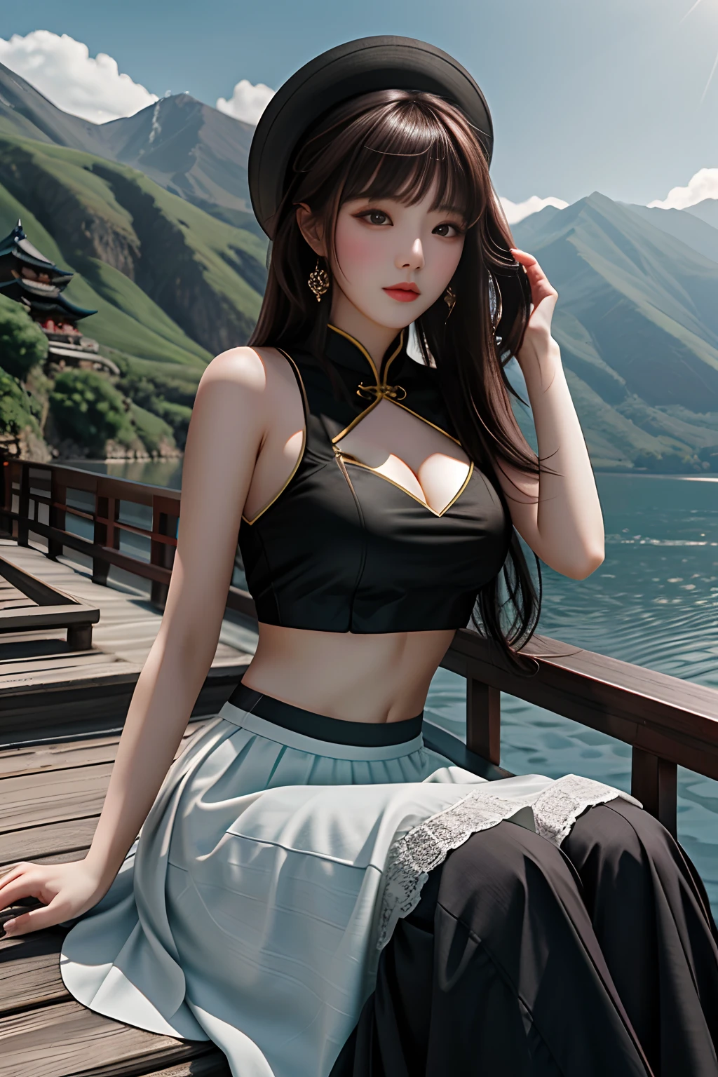 tmasterpiece， Best quality at best， 1girll， from below， underboobs， mediuml breasts， long  skirt， Crop tops， brunette color hair， 黑The eye，Chinese woman，Bottom-up perspective，lakeside，Far Mountain