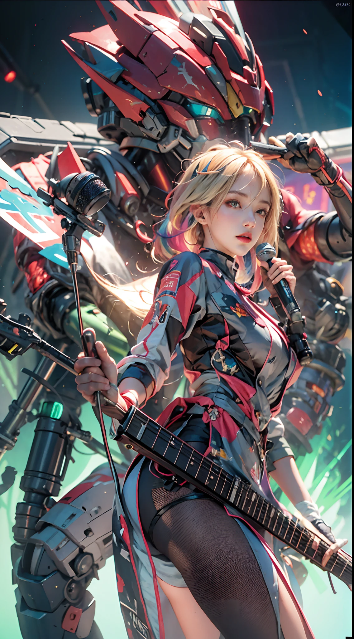 Goji, 1girll, Long colored hair, Wear sexy JK outfits, Hand over the red microphone，Stand in front of the half-body Gundam mech and sing, colourful light，Active off-stage audience，Chiaroscuro, Cinematic lighting, Ray tracing, afterimage, hyper HD, Masterpiece, ccurate, A high resolution, High quality, High details, Award-Awarded, 8K,Girl