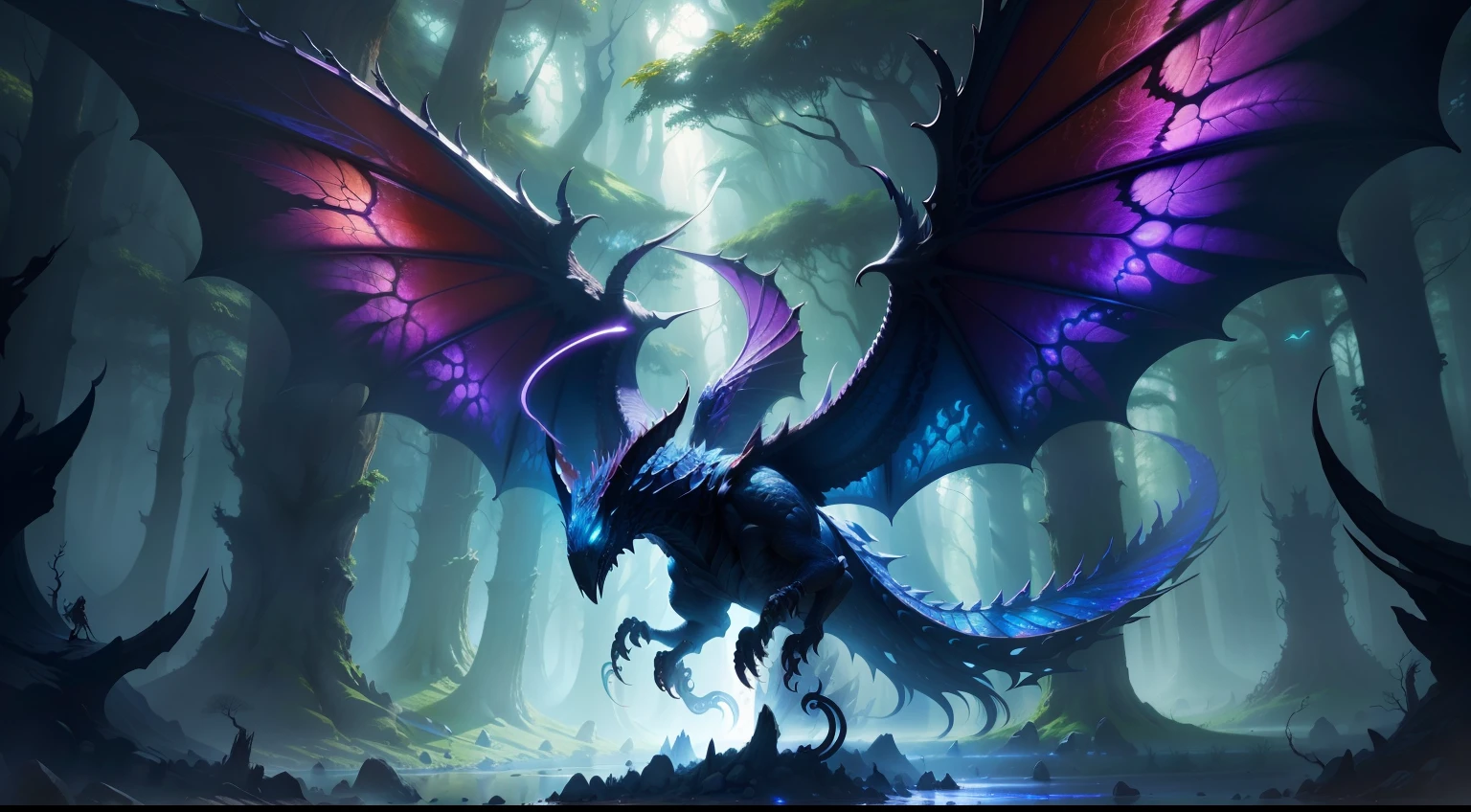Digital painting,Fantasy style,drak,Complex scales and wings,an enchanted forest,Epic battle scenes,Dramatic light and shadow,Magical elements,Vivid colors,wide wide shot