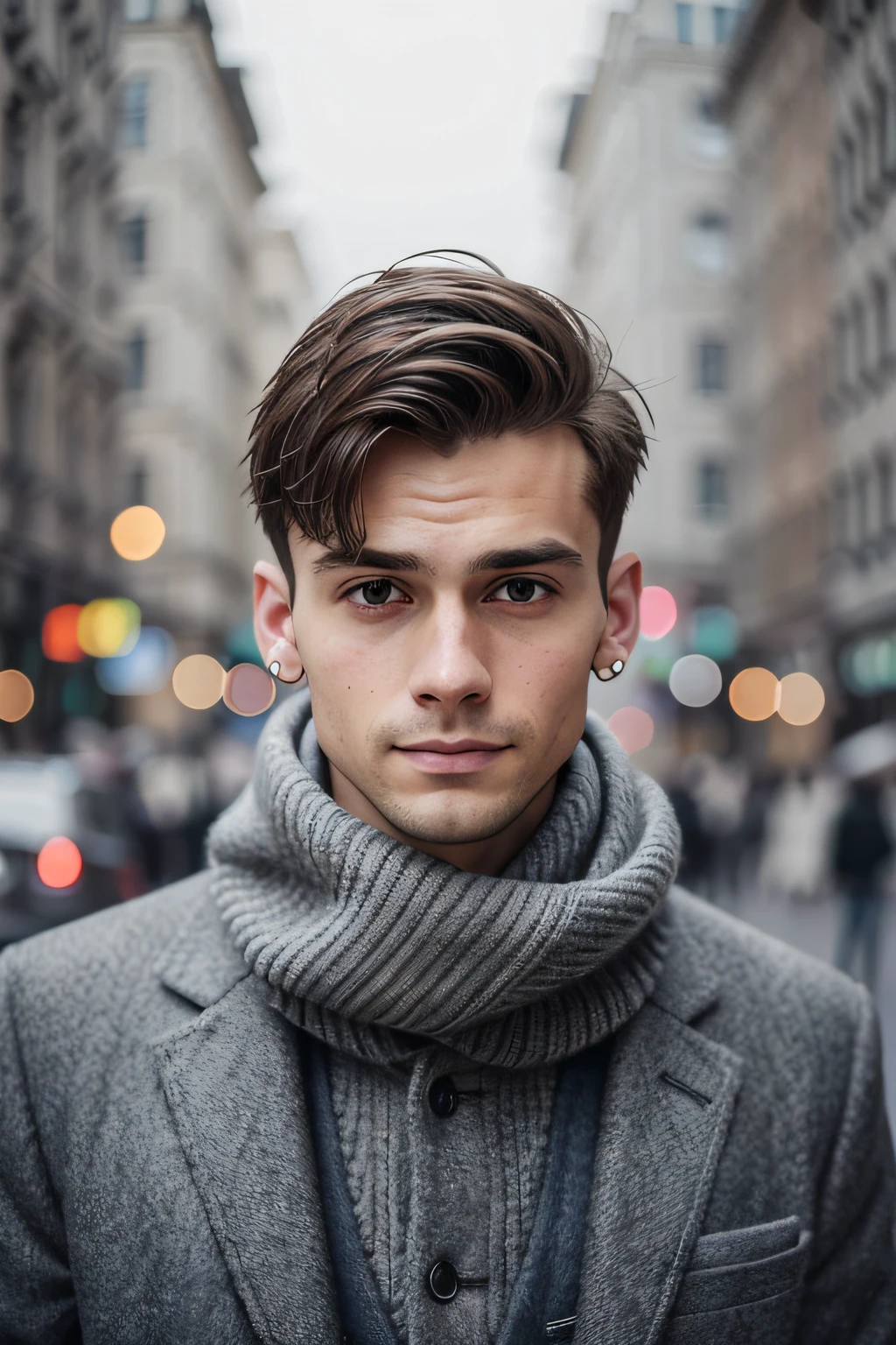 photo of a young man, jacket, ear studs, gray scarf, sweater, short windswept light brown hair, fit, beautiful, (effeminate), (shaved), eyeliner, standing on the walkway, background is a crowded street, bokeh, rain, humid, overcast, artificial lights, detailed face and eyes, higly detailed skin, 8k uhd, sharp focus, professional, best quality
