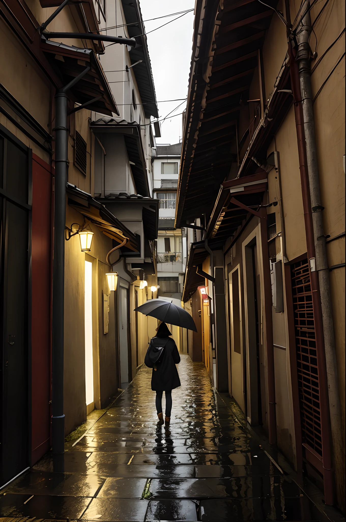 Holding an oil-paper umbrella, vagando sozinho em um longo, Long and lonely rainy alley