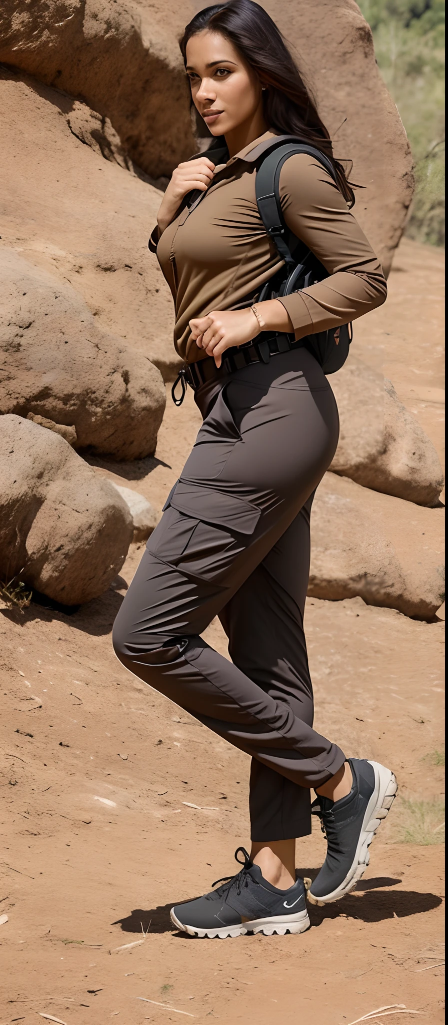 A beautiful woman in brown shirt and black pants with backpack, wearing cargo pants, roupas de caminhada, meio tiro de um hunky, malhar no campo, zirconium pants, carrying survival gear, Foto do perfil, portando um fuzil, side view, usando equipamento de aventura, distant full body view, Close-up de corpo inteiro