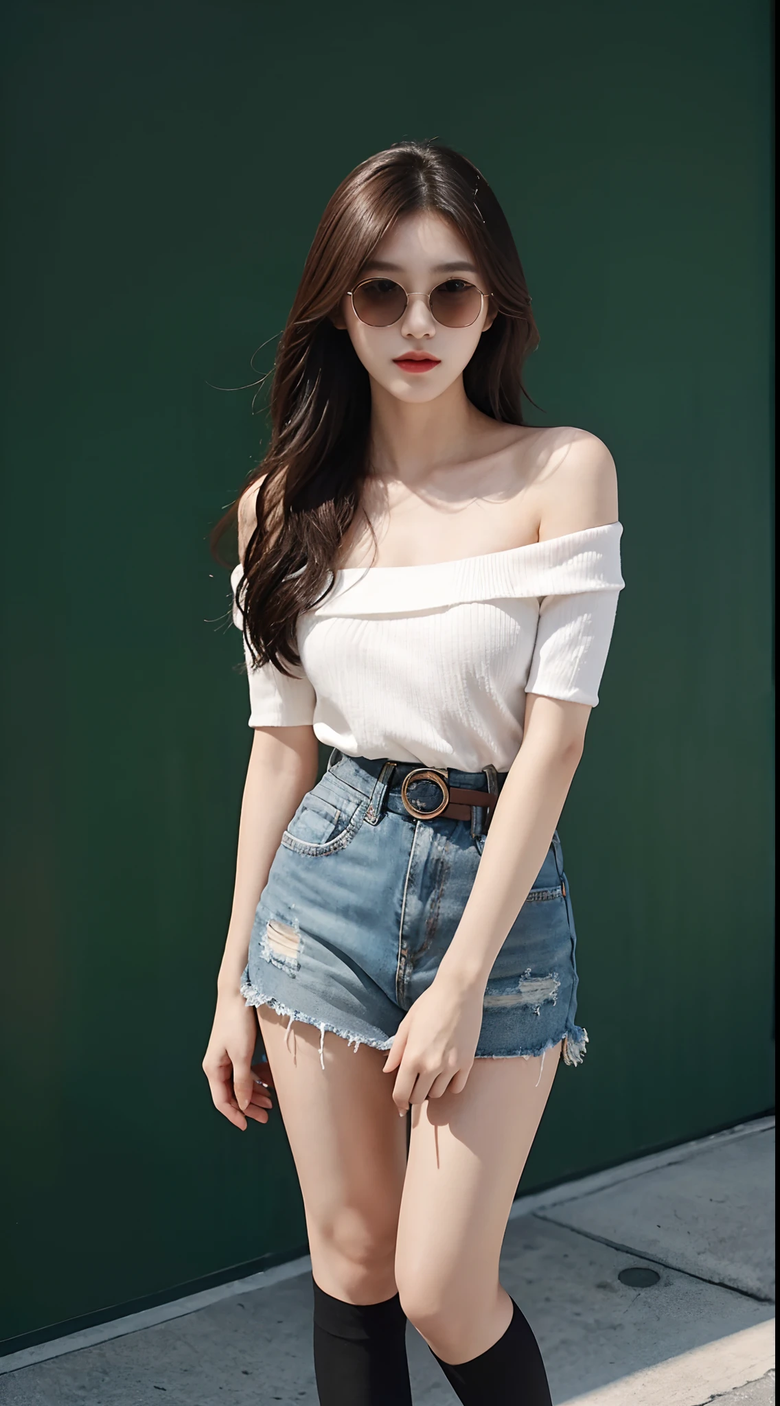 1个Giant Breast Girl,Korean style,Sweet department,(Wear black sunglasses),Smooth hair,Microvolumes,Exquisite and perfect facial features,dynamic angle,Stand up,Extreme picture quality,Highest accuracy,Precise and perfect human body,(Off-the-shoulder T-shaped top+Mini-short denim skirt+Black tights),long slim figure,S-shaped body,Small man's waist,Works of masters,HighestQuali,Hyper-Resolution,hyper HD,best qualtiy,Bend long eyelashes,shiny lip,parks,flower sea,full body shot shot,Stunning beauty