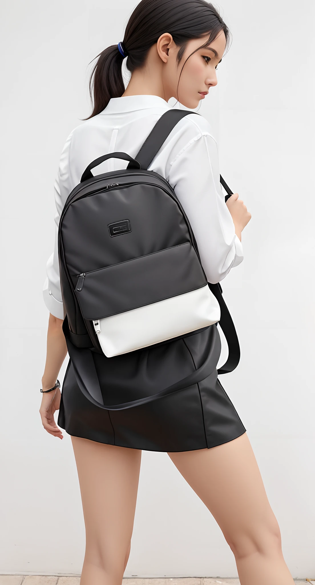 A woman in a white blouse and black skirt is carrying a backpack, mochila, uma mochila, com uma mochila, mochila escolar, com dois bolsos frontais, mochila quadrada, Sacos, Acentos escuros, foi', solid ash, Nice huge hardware bags, tela cinza, dois - tom, detalhes sutis, Fotografia de paisagem, um homem usando uma mochila, medium details, sharpened details