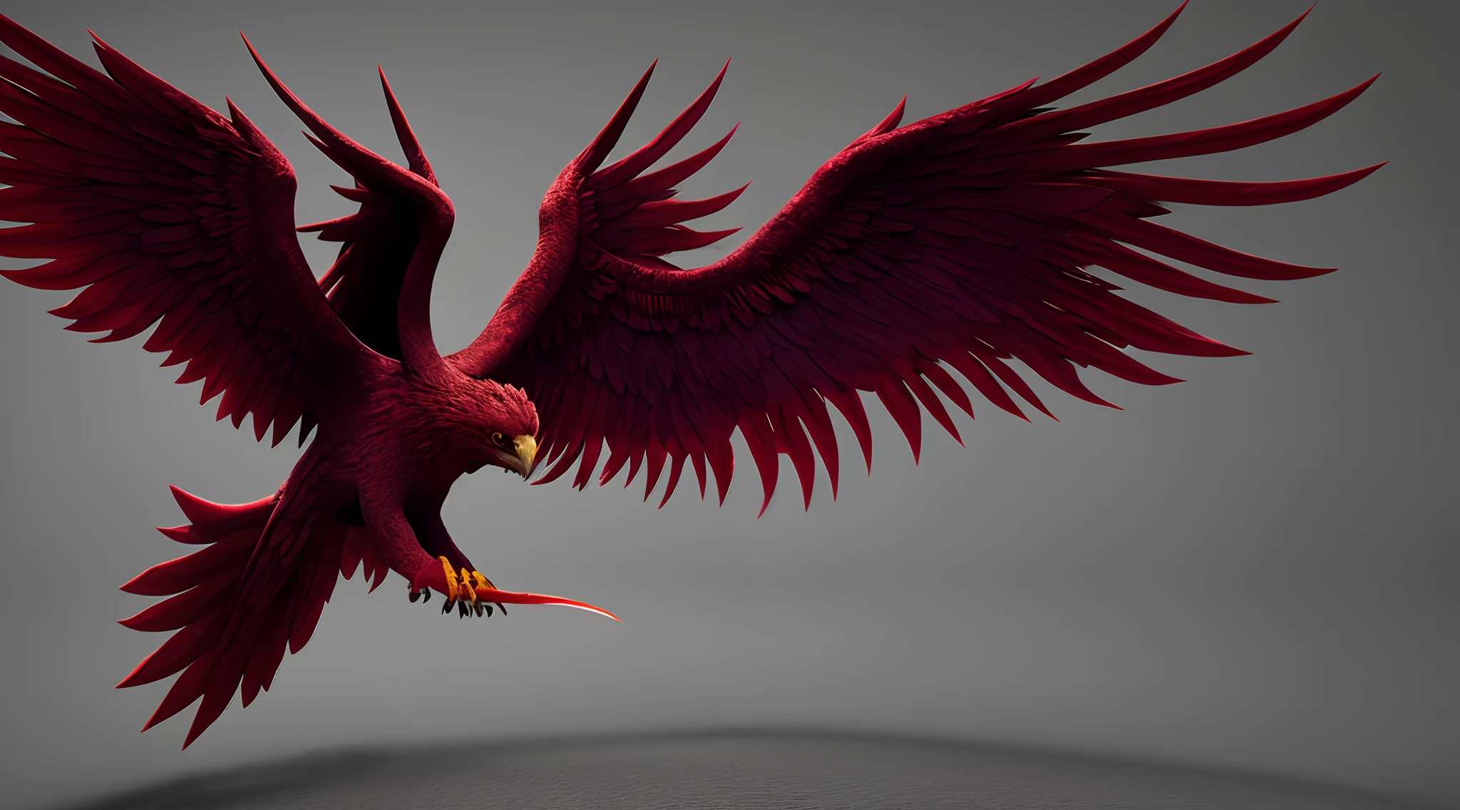 (big main colour black secondary colour red phoenix:1.2 with shades of purple:1.1, coming in to land, razor-sharp claws:1.2 with blood dripping:1.1, 3d:1.1, heading towards screen, vivid colour, dark background:0.9)