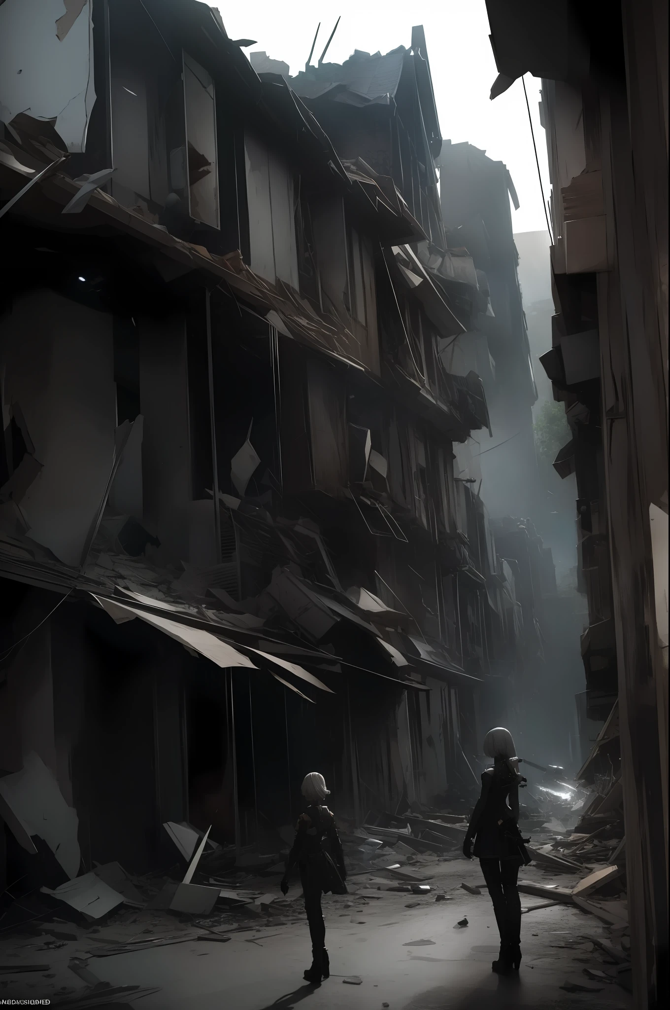 (SFW:1), masterpiece, 8k, best quality, highly detailed, 1girl, YoRHa No.2 Type B, sword, apocalyptic scenere, robots, destroyed android, debris, damaged houses