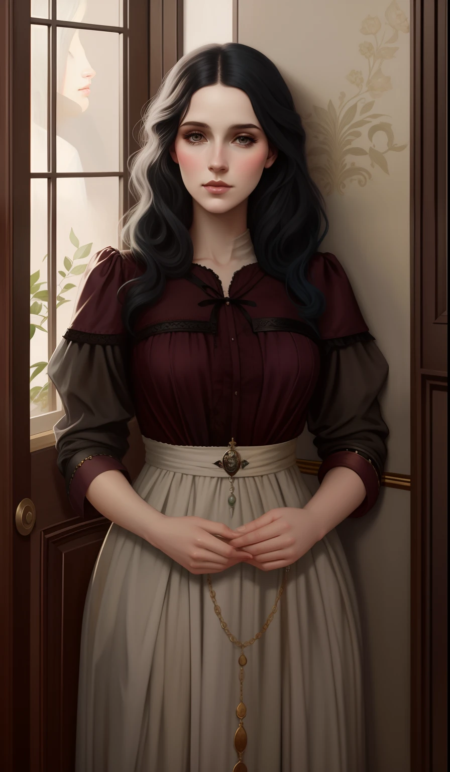 Em 1897, a woman in front of a door with a rosary, No estilo de arte de Bowater, Tom Bagshaw Estilo, inspirado em Francesco Hayez, retrato de personagem de corpo inteiro, Retrato de personagem de corpo inteiro, fantasy genre portrait, arte do personagem charlie bowater, Tom Bagshaw Estilo de Arte, Tom Bagshaw inspirado, Estilo de Charlie Bowater