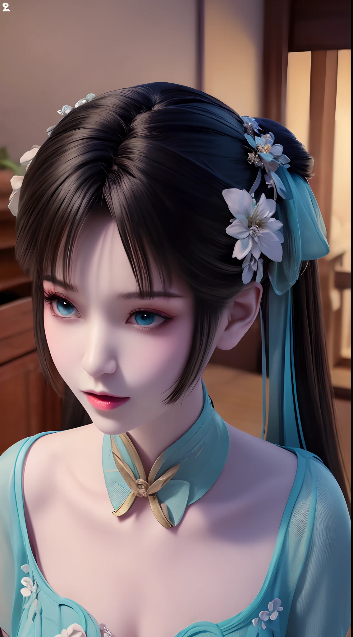 1 beautiful and cute realistic girl, tender young girl, waist length hair, long black hair with a hint of blue, light blue eyes, wearing a long, thin, blue dress with a hanfu style, blue dress with white lace border covering the girl's cleavage, style hanfu, wearing a thin silk shirt of ancient China, pink and smooth white skin, wearing a discreet ancient style ao dai, appears shoulders and head in the photo,cute little face, eye bags under wet makeup, plump red lips, pout, ((closed mouth:1.0)), balanced incisors, embarrassed, small face makeup detailed and very beautifull, The breasts are super round and tight, breast augmentation, blum boobs, Cover the girl's chest with a camisole inside, blush, from front, wear earrings, necklaces, from above, looking at viewer, upturned eyes, full body, masterpiece, top quality, best quality, official art, unity 8k wallpaper, highres, ultra-high res, ultra-detailed, (photorealistic:1.2), alone, solo, Only 1 girl, style hanfu Dunhuang, 10x pixels, super realistic, ultra high quality, full body view of the girl, upper body,