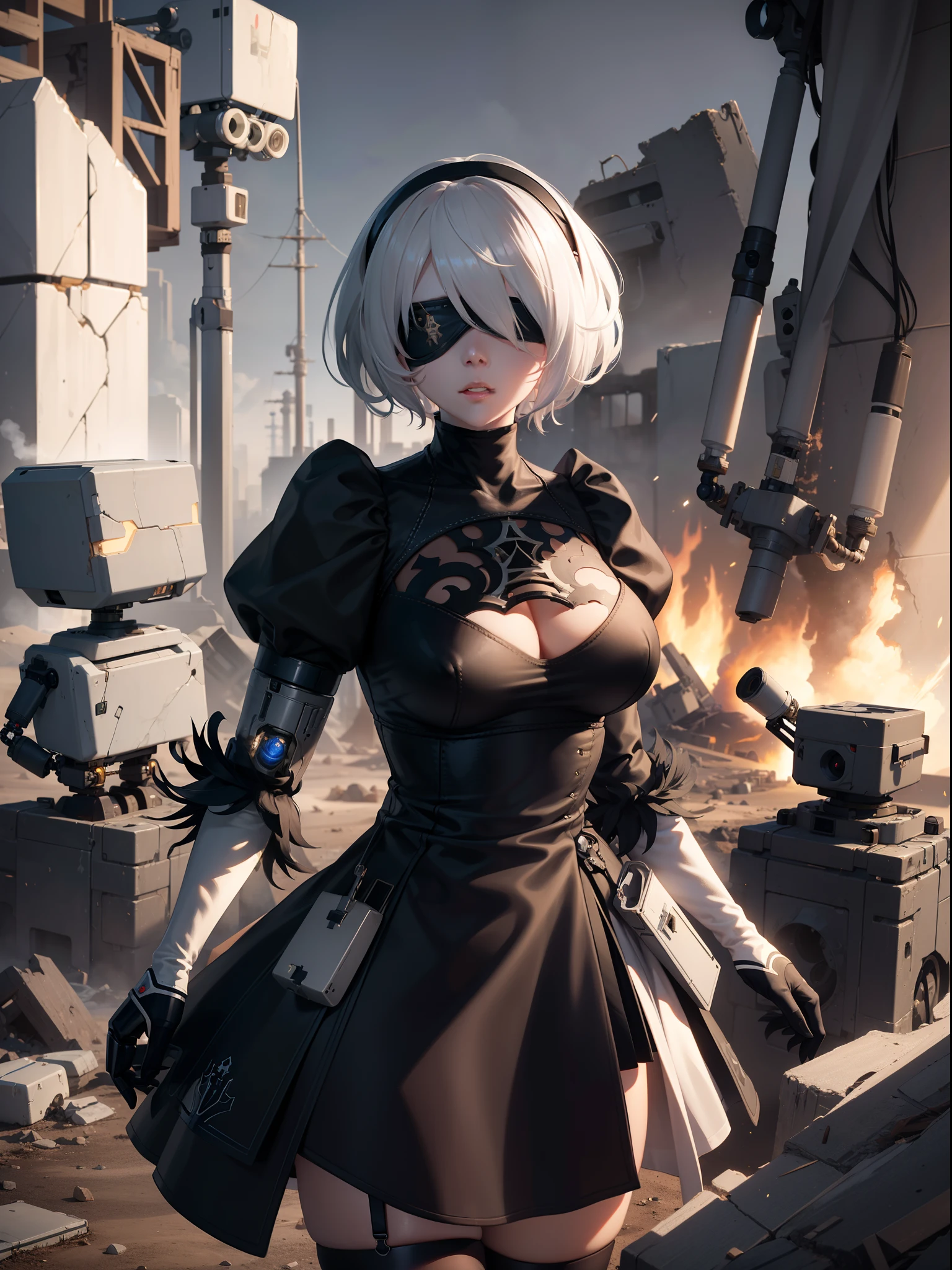 (SFW:1), masterpiece, 8k, best quality, highly detailed, 1girl, YoRHa No.2 Type B, eye mask, white hair, apocalyptic scenery, (robot:1.3), debris, damaged houses, desert