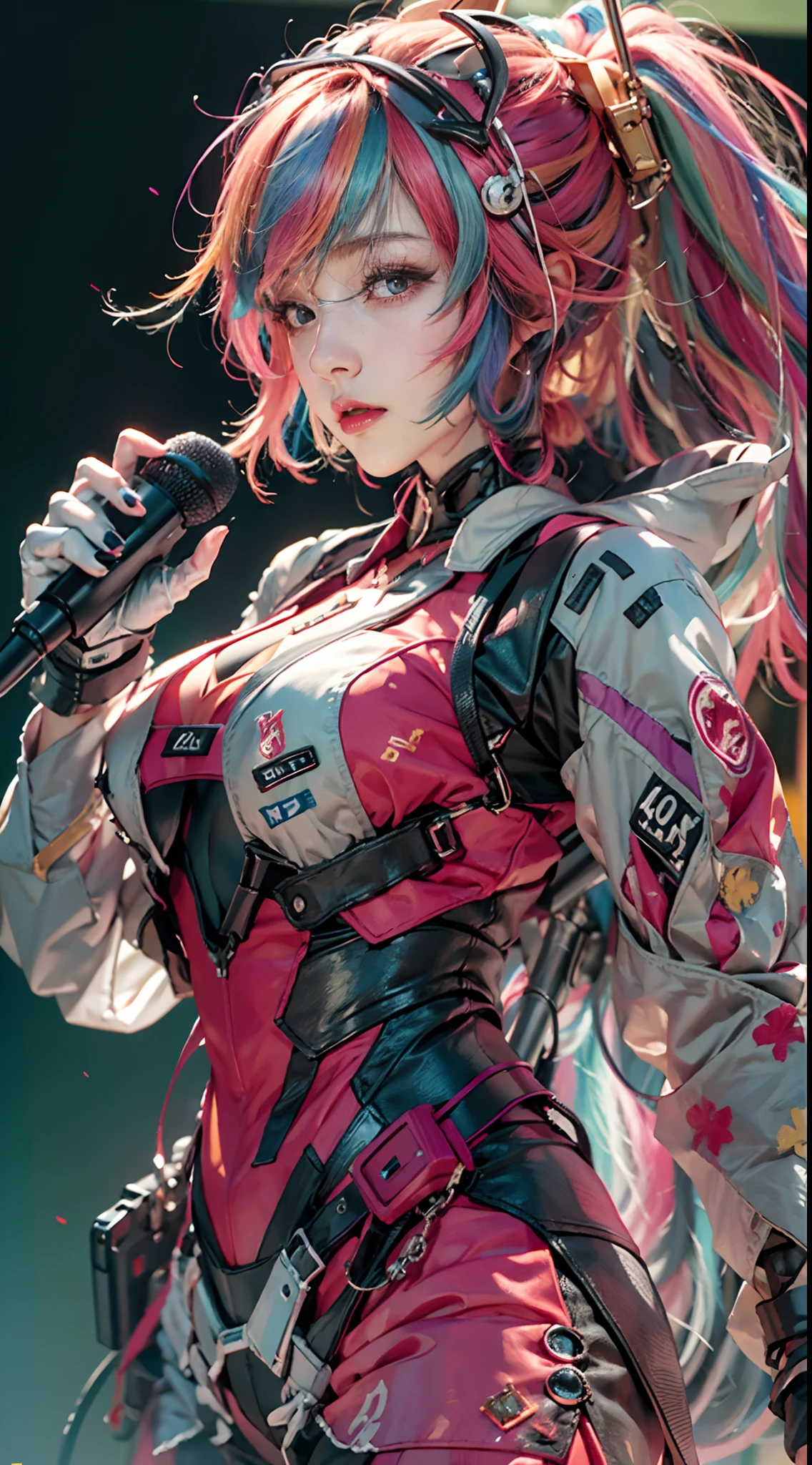 Goji, 1girll, Long colored hair, Wear sexy JK outfits, Hand over the red microphone，Stand in front of the half-body Gundam mech and sing, colourful light，Active off-stage audience，Chiaroscuro, Cinematic lighting, Ray tracing, afterimage, hyper HD, Masterpiece, ccurate, A high resolution, High quality, High details, Award-Awarded, 8K,Girl