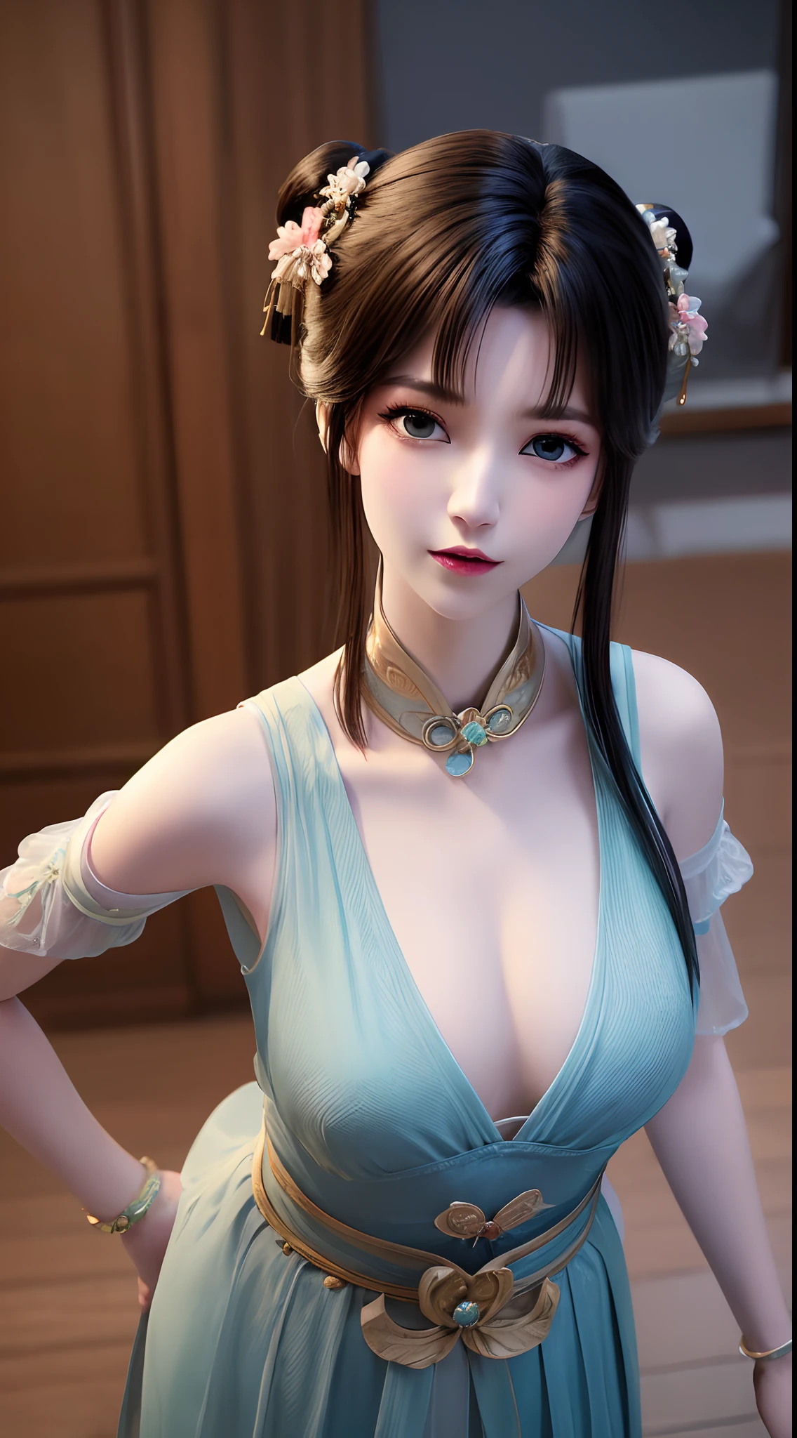 1 beautiful and cute realistic girl, tender young girl, waist length hair, long black hair with a hint of blue, light blue eyes, wearing a long, thin, blue dress with a hanfu style, blue dress with white lace border covering the girl's cleavage, style hanfu, wearing a thin silk shirt of ancient China, pink and smooth white skin, wearing a discreet ancient style ao dai, appears shoulders and head in the photo,cute little face, eye bags under wet makeup, plump red lips, pout, ((closed mouth:1.0)), balanced incisors, embarrassed, small face makeup detailed and very beautifull, The breasts are super round and tight, breast augmentation, blum boobs, Cover the girl's chest with a camisole inside, blush, from front, wear earrings, necklaces, from above, looking at viewer, upturned eyes, full body, masterpiece, top quality, best quality, official art, unity 8k wallpaper, highres, ultra-high res, ultra-detailed, (photorealistic:1.2), alone, solo, Only 1 girl, style hanfu Dunhuang, 10x pixels, super realistic, ultra high quality, full body view of the girl, upper body,