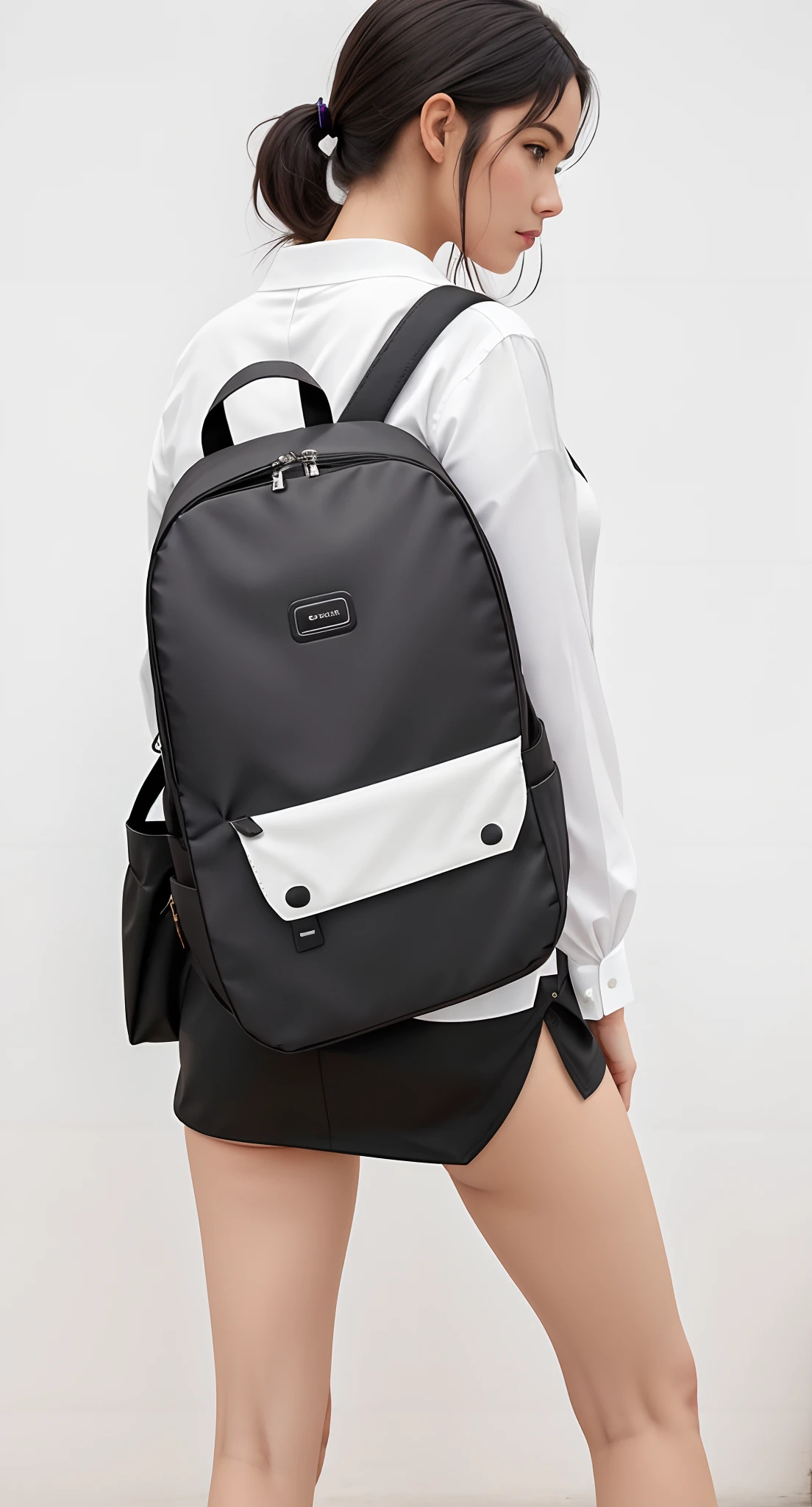 A woman in a white blouse and black skirt is carrying a backpack, mochila, uma mochila, com uma mochila, mochila escolar, com dois bolsos frontais, mochila quadrada, Sacos, Acentos escuros, foi', solid ash, Nice huge hardware bags, tela cinza, dois - tom, detalhes sutis, Fotografia de paisagem, um homem usando uma mochila, medium details, sharpened details
