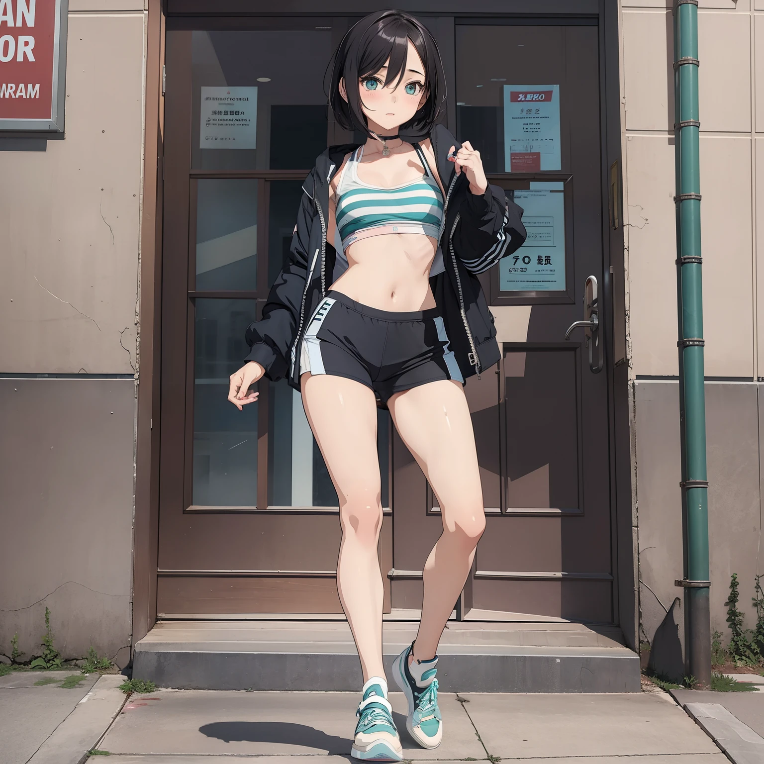 (masterpiece), (1girl, solo, alone:1.1), beautiful anime girl, street, sexy, long legs, short hair
make up, blush, aqua, sneakers, 1girl, pantyhose, striped sports bra, sexy