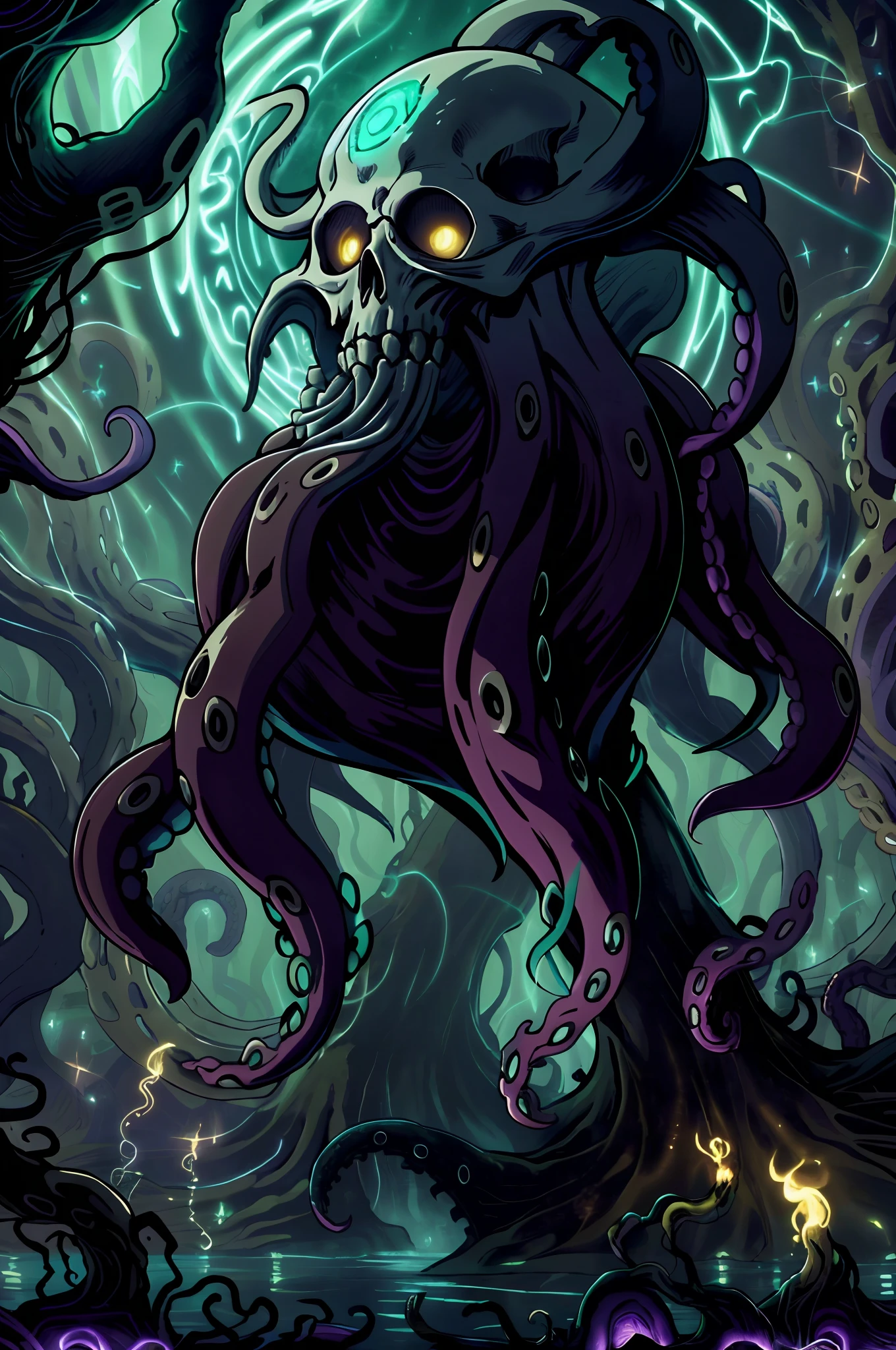 zrpgstyle, from_side from_below dark swamp eldritch monster (skull face:1.2) creature with (octopus tentacles:1.2) rising out of the water moss slime vines churning water fireflies midnight moonlight backlight (masterpiece:1.2) (best quality) (detailed) (intricate) (8k) (HDR) (wallpaper) (cinematic lighting) (sharp focus)