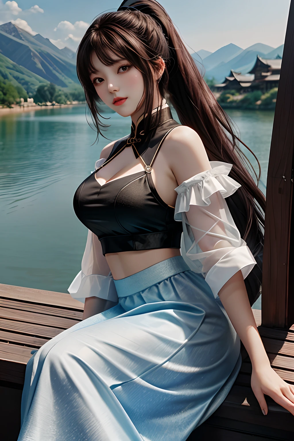 tmasterpiece, Best quality at best, 1girll, from below, underboobs, mediuml breasts, long skirt, Crop tops, brunette color hair, 黑The eye,Chinese woman,Bottom-up perspective,lakeside,Far Mountain,High ponytail