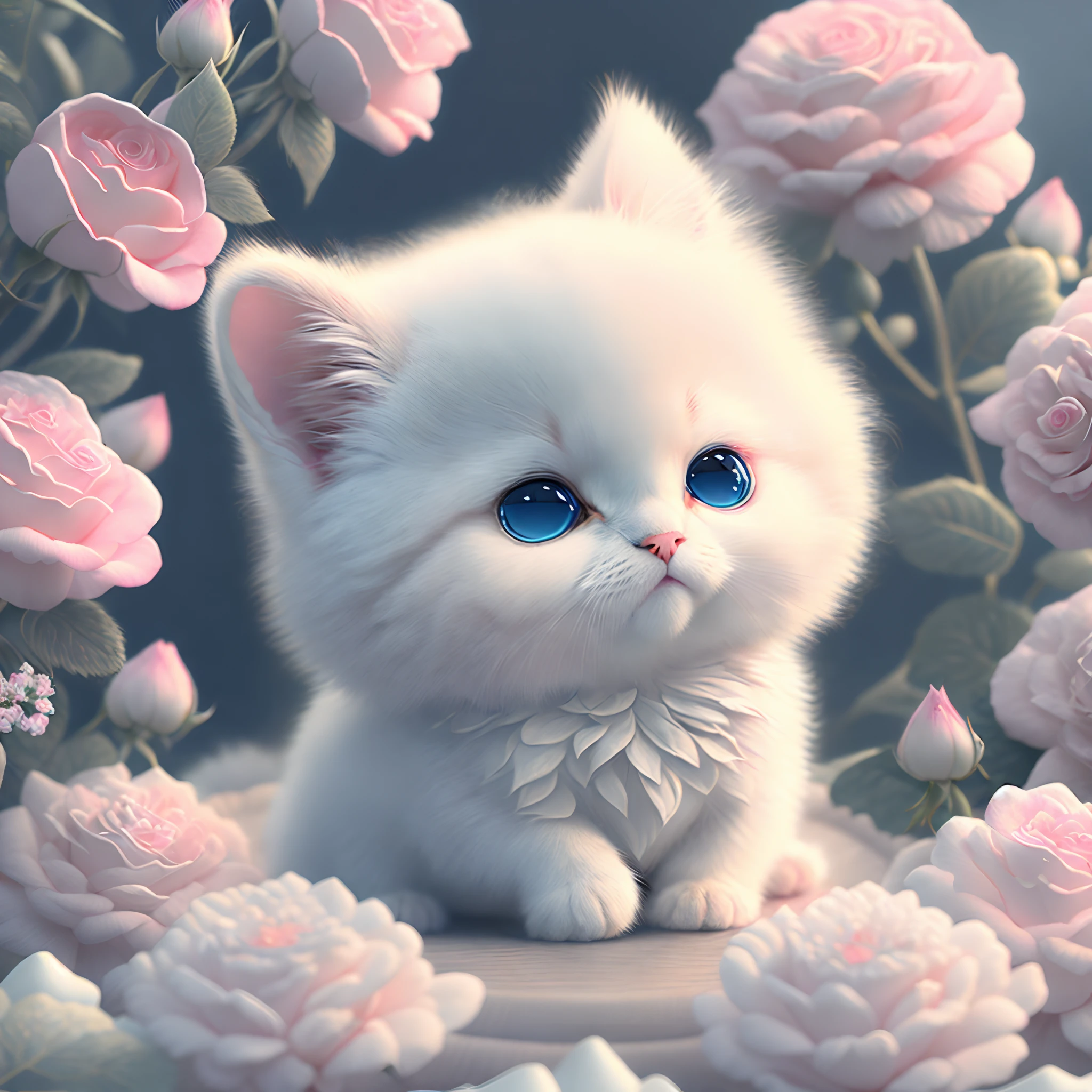 In this ultra-detailed CG art, the adorable kitten surrounded by ethereal roses, best quality, high resolution, intricate details, fantasy, cute animals, smile