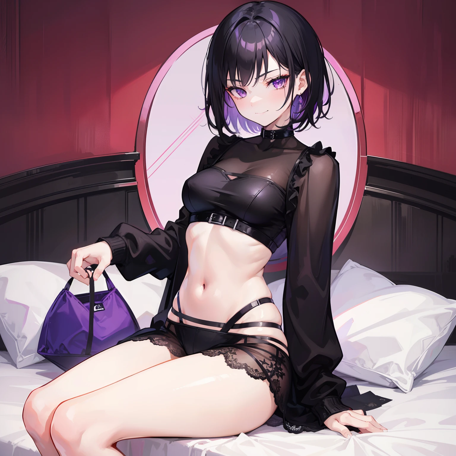 1girl, short black hair, purple eyes, wearing black crop tops, lingerie underneath, sitting on the edge of the bed, smirking at user, 8k, high quality