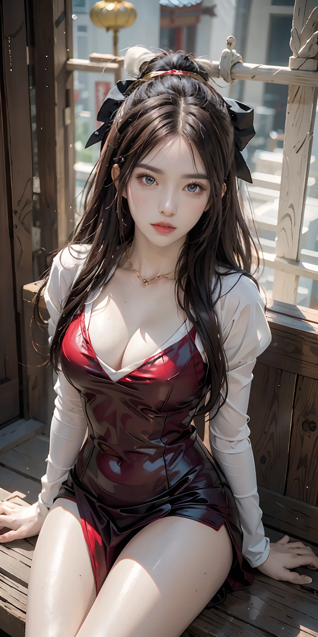 Beautiful woman in red sailor costume, exorcism charm, sitting in Chinese temple, dragon winding around, anime girl cosplay, cosplay pictures, anime cosplay, sailor moon style, realistic style, cinema machine shooting, 8K RAW, movie light effects, seductive anime girl, beautiful and seductive anime woman, anime goddess