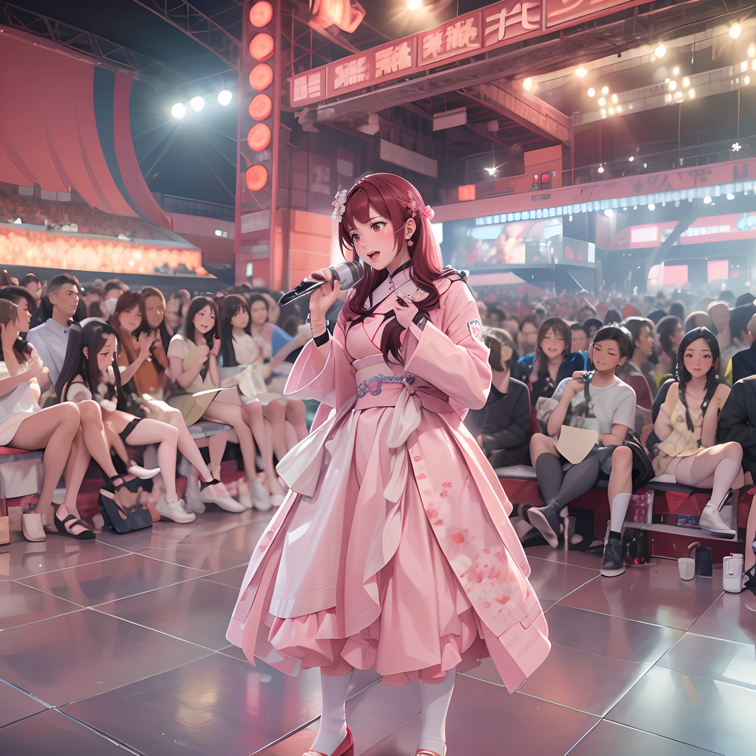 Idol Japanese musical instruments sakura wars Realistic depiction Photoquality Full body shot+shoe Filming at a concert venue microphone (Idade:25-years old)
