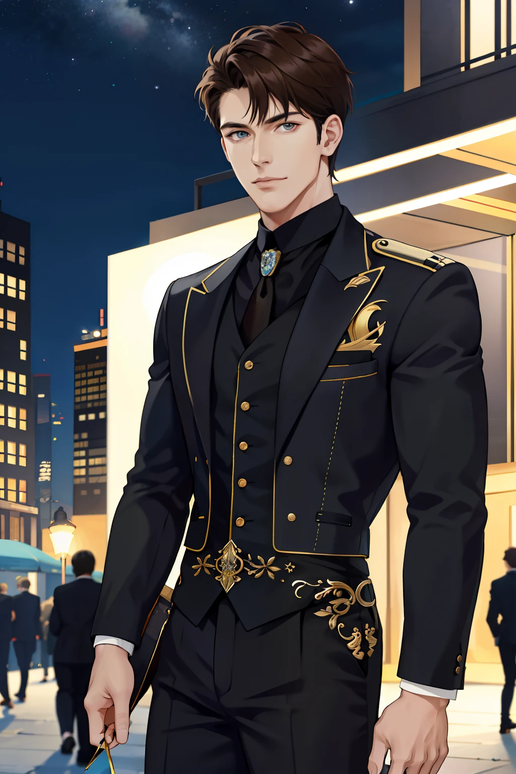 （absurderes，A high resolution，ultra - detailed，realisticlying，），1 male，AS-Adult，年轻，Tall，broad shoulder，Handsome，largeeyes，pretty，Very short hair，brunette color hair，Light eyes，Angular chin，thick eyebrow，natta, deep colour, Night view city background, formal outfit, tiese, The upper part of the body，