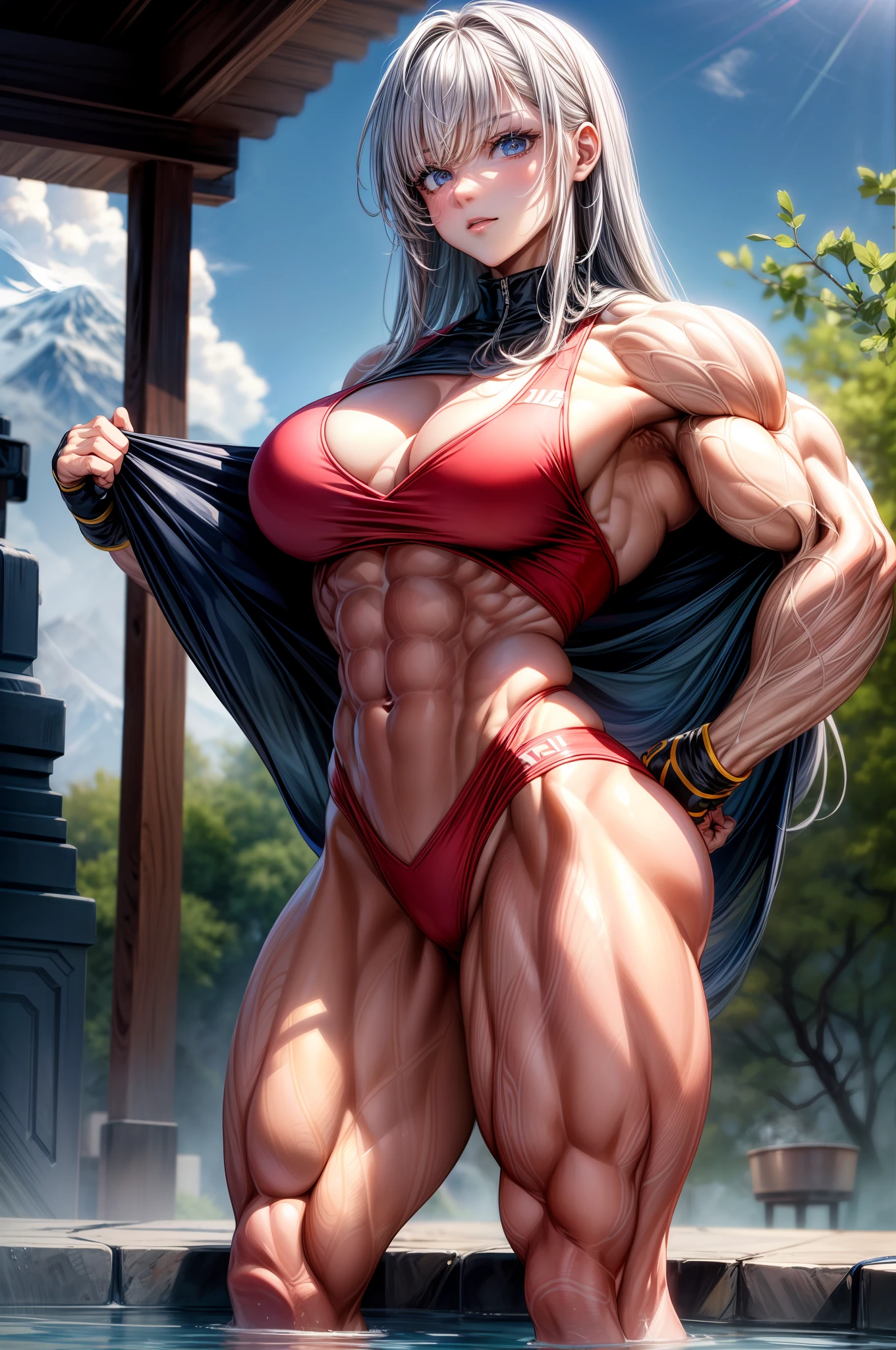 (BEST lighting) , (ultra intricately detailed) , 4K unification, (super-detailed CG: 1.2) , (8K: 1.2),(Original), (Masterpiece) , (Best quality),(Masterpiece:1.4),Anime-ish high quality,(Masterpiece),Masterpiece, Super clear picture quality,Clearer than movies,(Fine face)Best quality, absurderes,((masterpeace, 4K, 8K, Yes, A high resolution))1girll, girls,She was in a hot spring pool,Ten strong abs,standing on your feet,Exposing the abdomen, Crop topping,There are bulges of dense veins on the arms,Spring, Perfect figure, Long silver hair, Dynamic pose,Legs exposed,Strong leg muscles ((body builder:1.5)),mount fuji background,Heavy snow cover,Thermal vaporization,(Beautiful bace),(Girl),(Female),(((Upper body:1)))