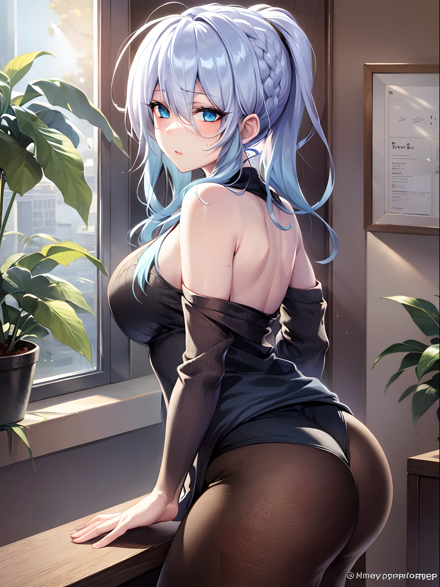 masterpiece, ultra-detailed hair, better lights, better shadows,1girl, yukino, breasts, skirt, silver hair, solo, long hair, large breasts, blue eyes, braid, ass, looking at viewer, braided ponytail, hair ornament, sleeveless, hair flower, white skirt, shirt, indoors, flower, looking back, bangs, bare shoulders, pantyhose, from behind, window, thighs, mole under eye, sleeveless shirt, black shirt, blush, bare arms, office lady, very long hair, plant, contemporary, parted lips, miniskirt, single braid, closed mouth, blue flower, pantylines, ribbed shirt,