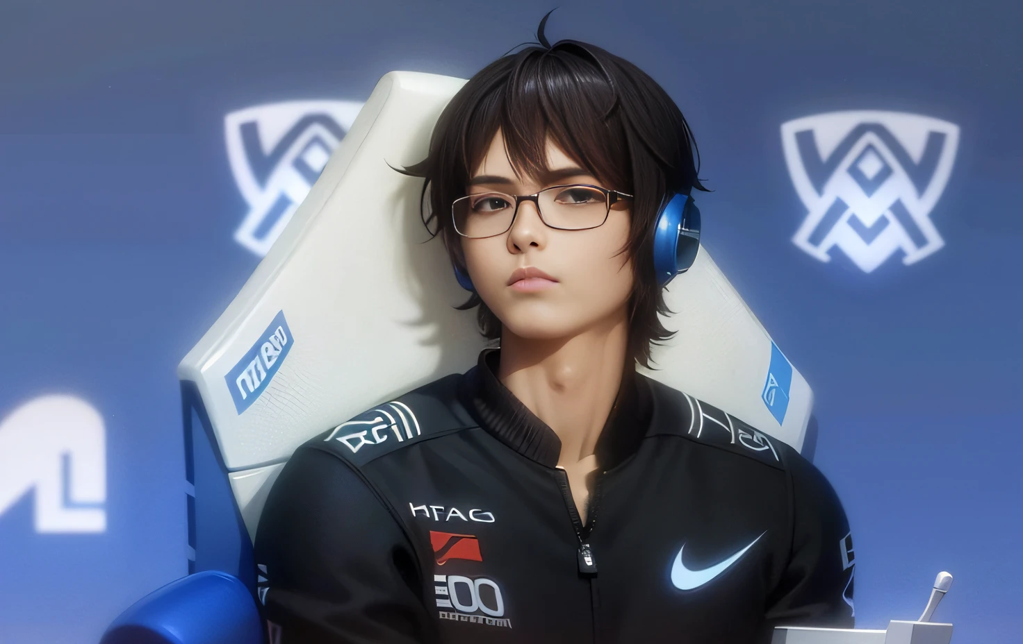 A gentle Asian young boy, sitting on a chair with headphones,((Wear rimless glasses)), Brown hair, Blue background, He was wearing black tracksuits (Masterpiece:1,2),Best quality,Masterpiece,A high resolution,Original,extremely detailed wallpaper,Perfect lighting,(extremely determinedly detailed CG:1.2)