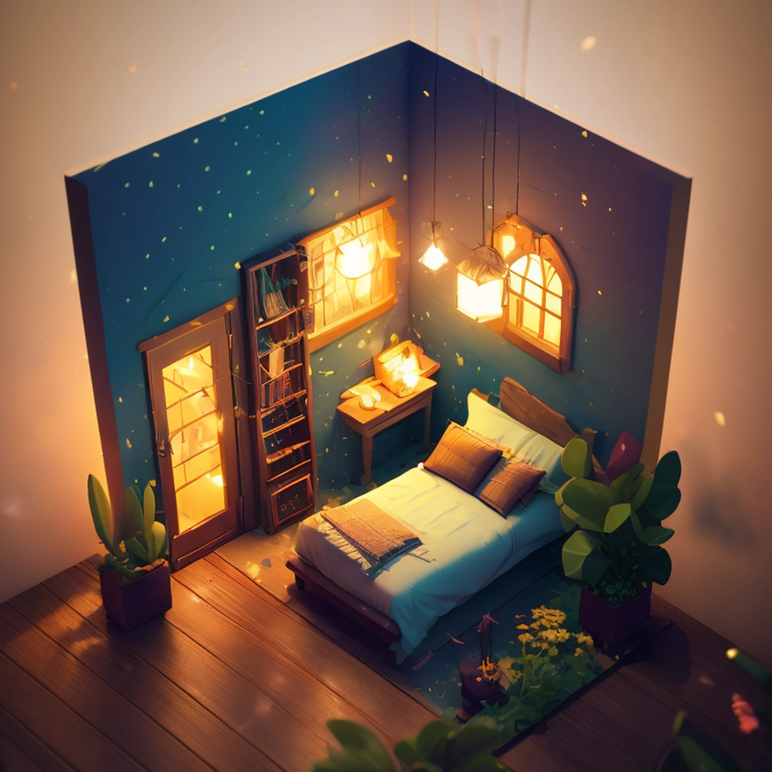 A room with a bed and a table，low poly render，Inspired by Cyril Rolando，pixelart，Beautiful isometric garden，Underwater in the ocean at night，small and cosy student bedroom，Inside the children's bedroom，organic isometric design，portfolio illustration，Lovely detailed artwork，Buzzer rendering，blurry and dreamy illustration，A wooden door