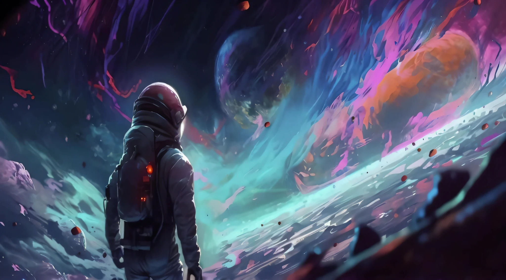Close-up of a person standing in front of a planet, amazing wallpapers, Inspired by Cyril Rolando, Space art, space colors, background artwork, 4 k hd illustrative wallpaper, 4k highly detailed digital art, cyril rolando and goro fujita, beeple artwork, looking off into space, 8K stunning artwork