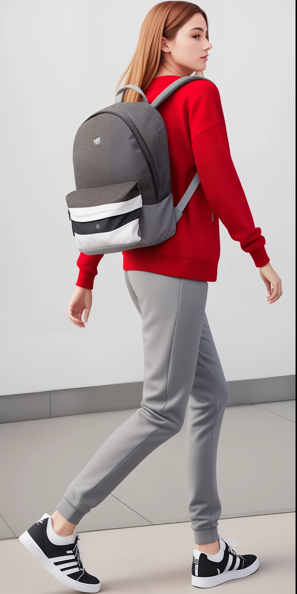 A beautiful woman in a red sweater and gray pants carrying a backpack, roupas esportivas, roupas esportivas, apenas vermelho e cinza, Futuristic technological wear and tear, roupas esportivas vermelhas, moda do futuro, uma mochila, Roupas do Futuro, mochila, roupas esportivas fofas, hind legs and human sneakers, com uma mochila, smart textiles, 2 mulheres techwear, usando roupas adidas
