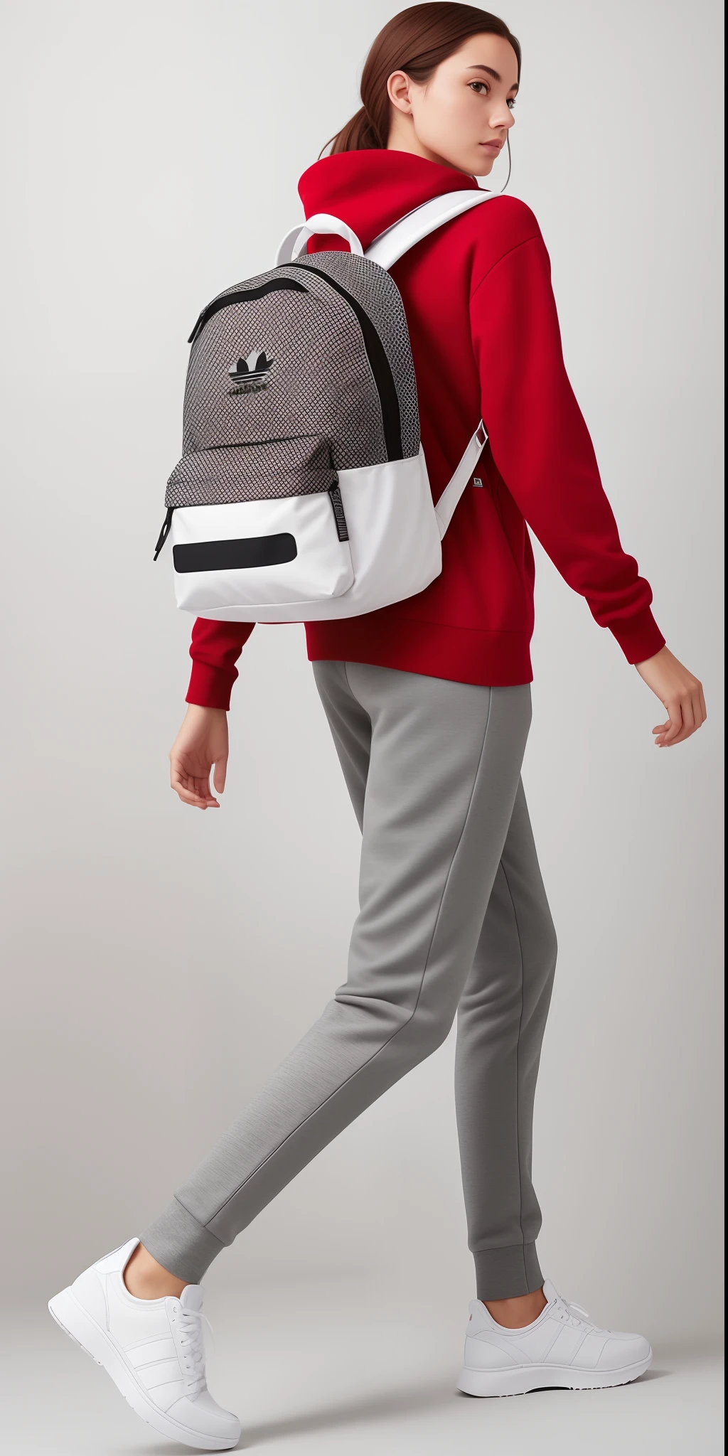 A beautiful woman in a red sweater and gray pants carrying a backpack, roupas esportivas, roupas esportivas, apenas vermelho e cinza, Futuristic technological wear and tear, roupas esportivas vermelhas, moda do futuro, uma mochila, Roupas do Futuro, mochila, roupas esportivas fofas, hind legs and human sneakers, com uma mochila, smart textiles, 2 mulheres techwear, usando roupas adidas