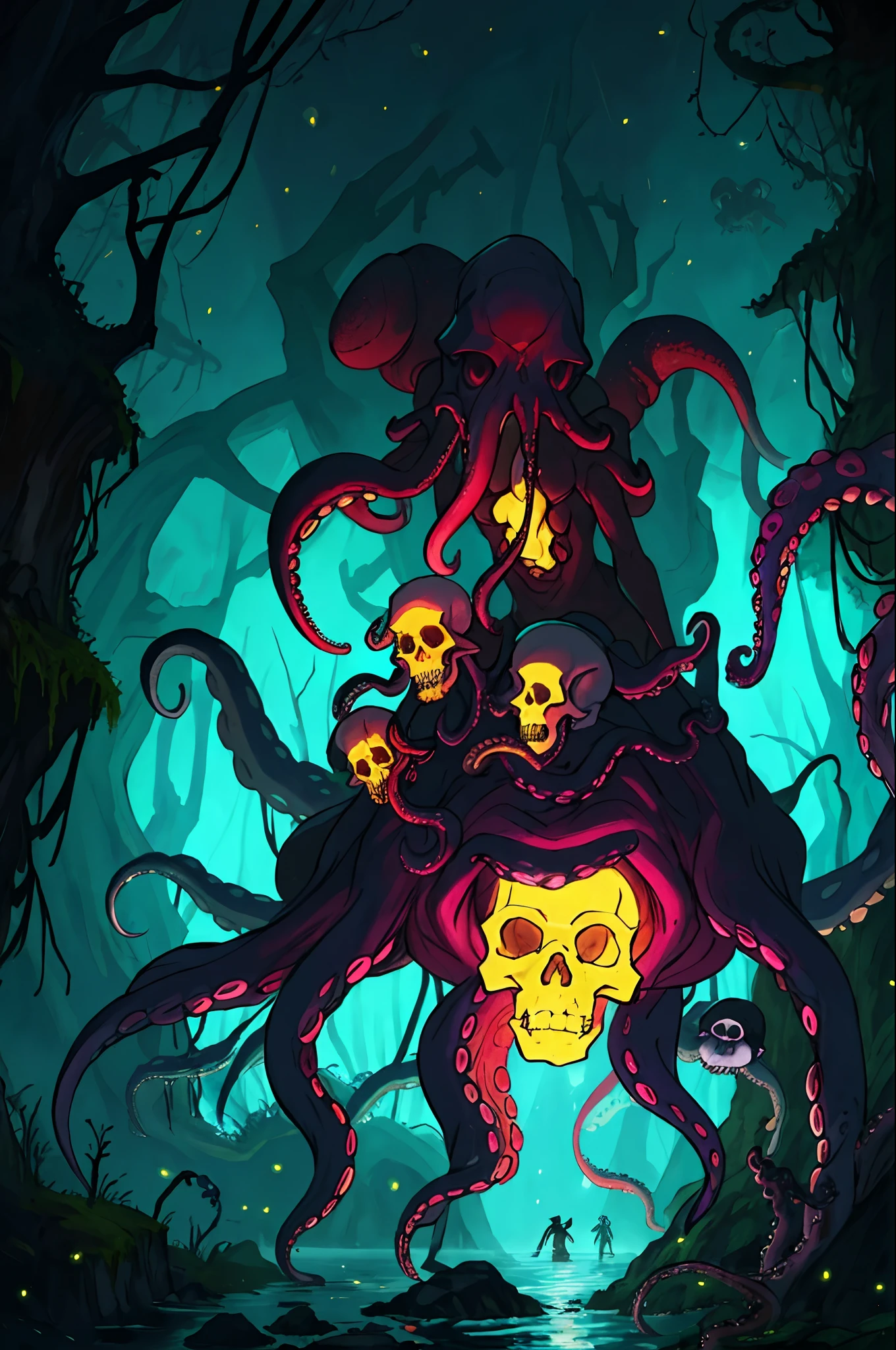 zrpgstyle, from_side from_below dark swamp eldritch monster (skull face:1.2) creature with (octopus tentacles:1.2) rising out of the water moss slime vines churning water fireflies midnight moonlight backlight (masterpiece:1.2) (best quality) (detailed) (intricate) (8k) (HDR) (wallpaper) (cinematic lighting) (sharp focus)