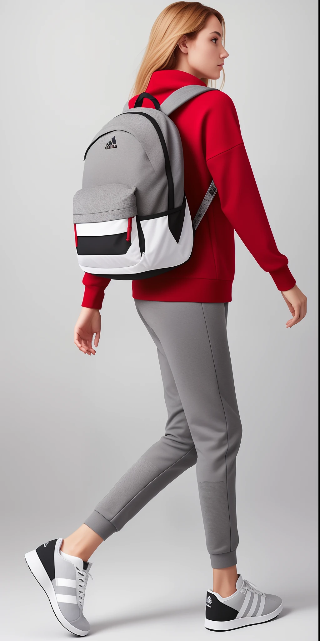 A beautiful woman in a red sweater and gray pants carrying a backpack, roupas esportivas, roupas esportivas, apenas vermelho e cinza, Futuristic technological wear and tear, roupas esportivas vermelhas, moda do futuro, uma mochila, Roupas do Futuro, mochila, roupas esportivas fofas, hind legs and human sneakers, com uma mochila, smart textiles, 2 mulheres techwear, usando roupas adidas