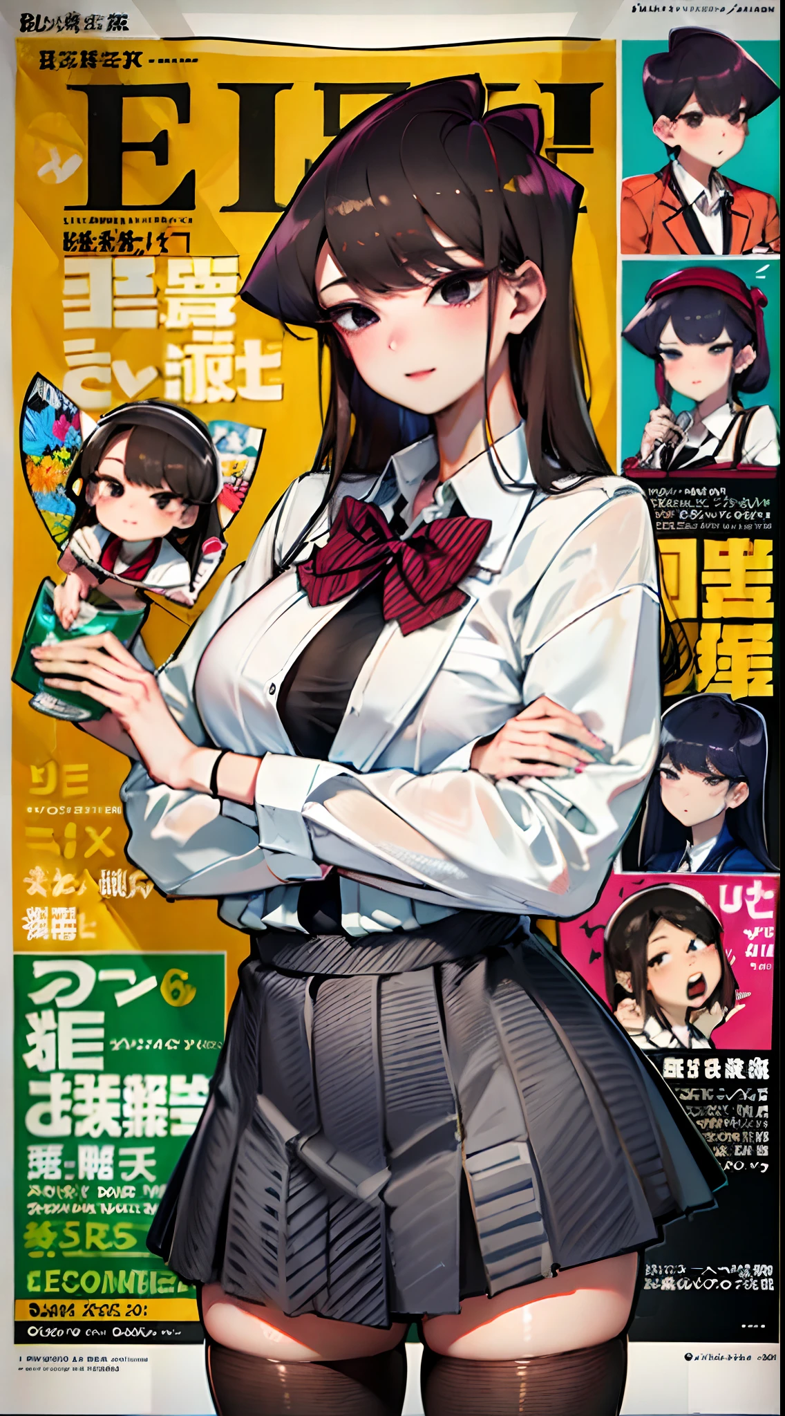 komi shouko,brunette color hair，Fleshy thighs，Fashion magazine cover title，Poster publicity style，Japanese-style school uniform，Pose，C cup，Happy expression，Black broken stockings