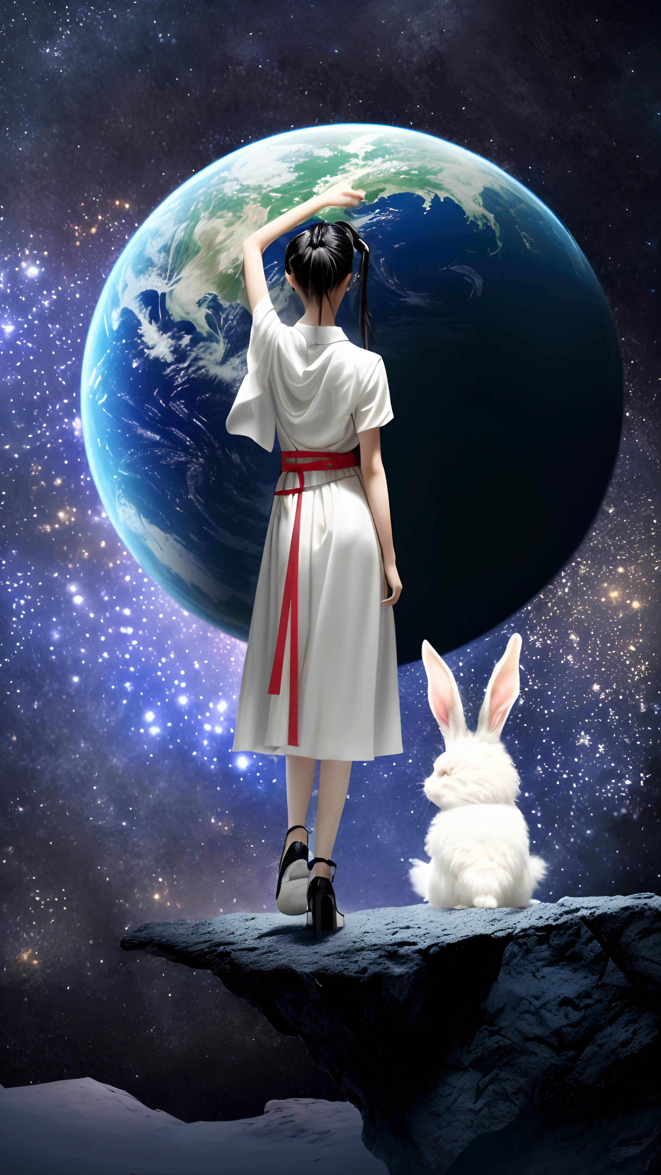 (first person perspective, in a panoramic view,magic realism,surrealism,Chiaroscuro, China - Fashion illustration:1.5,Vector painting:1.5,Masterpiece, hyper HD, Super detail, High details, Best quality, A high resolution, A high resolution, Award-Awarded, Award-Awarded, Anatomically correct, 8K,),(A girl with a rabbit turns her back to the audience,See the Earth on the Moon,A cliff protruding from the lunar surface in the foreground,There is an Earth suspended in space,A brilliant nebula in outer space in the background,Splendid night sky,Peaceful night sky),(China - chic Chinese intellectual girl,anatomy correct,Modern minimalist and stylish design,cyber punk perssonage,Oriental elements,Cinematic lighting,Chinese colors:1.2,cyber punk perssonage,senior color matching,Dark background)