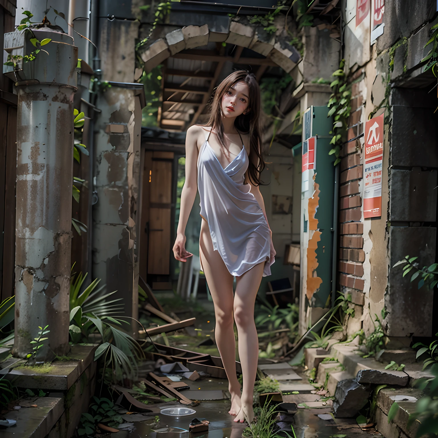 abandoned ruins，Sexy standing pose，full-body portraits（1：1），18 years old girls，Slender and slender figure，Skinny，As thin as a whipping post，Smaller bust，The barefoot，Random nudity all over the body，exhibitionists，Random exposure of genitals，face to the viewer