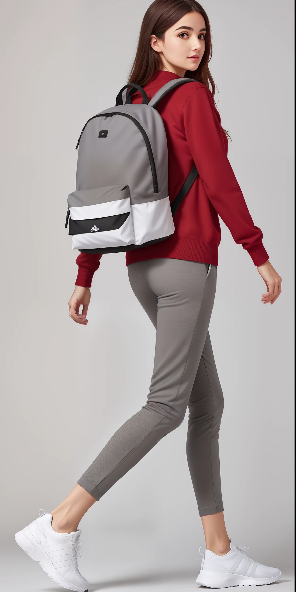 A beautiful woman in a red sweater and gray pants carrying a backpack, roupas esportivas, roupas esportivas, apenas vermelho e cinza, Futuristic technological wear and tear, roupas esportivas vermelhas, moda do futuro, uma mochila, roupas do futuro, mochila, roupas esportivas fofas, hind legs and human sneakers, com uma mochila, smart textiles, 2 mulheres techwear, usando roupas adidas
