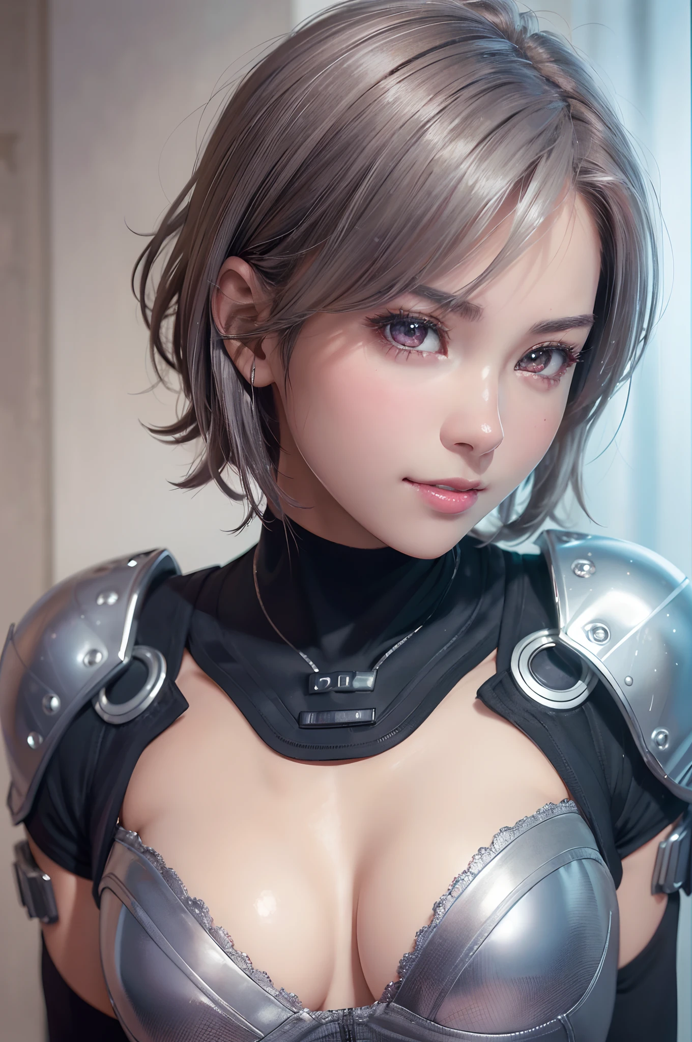 (8k, photorealistic, RAW photo, top quality: 1.4), (1girl), super beautiful, (realistic face), (boyish, silver-colored berry short hair), beautiful cyberpunk suit, glares seducing viewer, beautiful expression, beautiful breasts, (realistic skin), beautiful smile, (soldier), attractive, ultra high resolution, ultra realistic, high definition, spoiled
