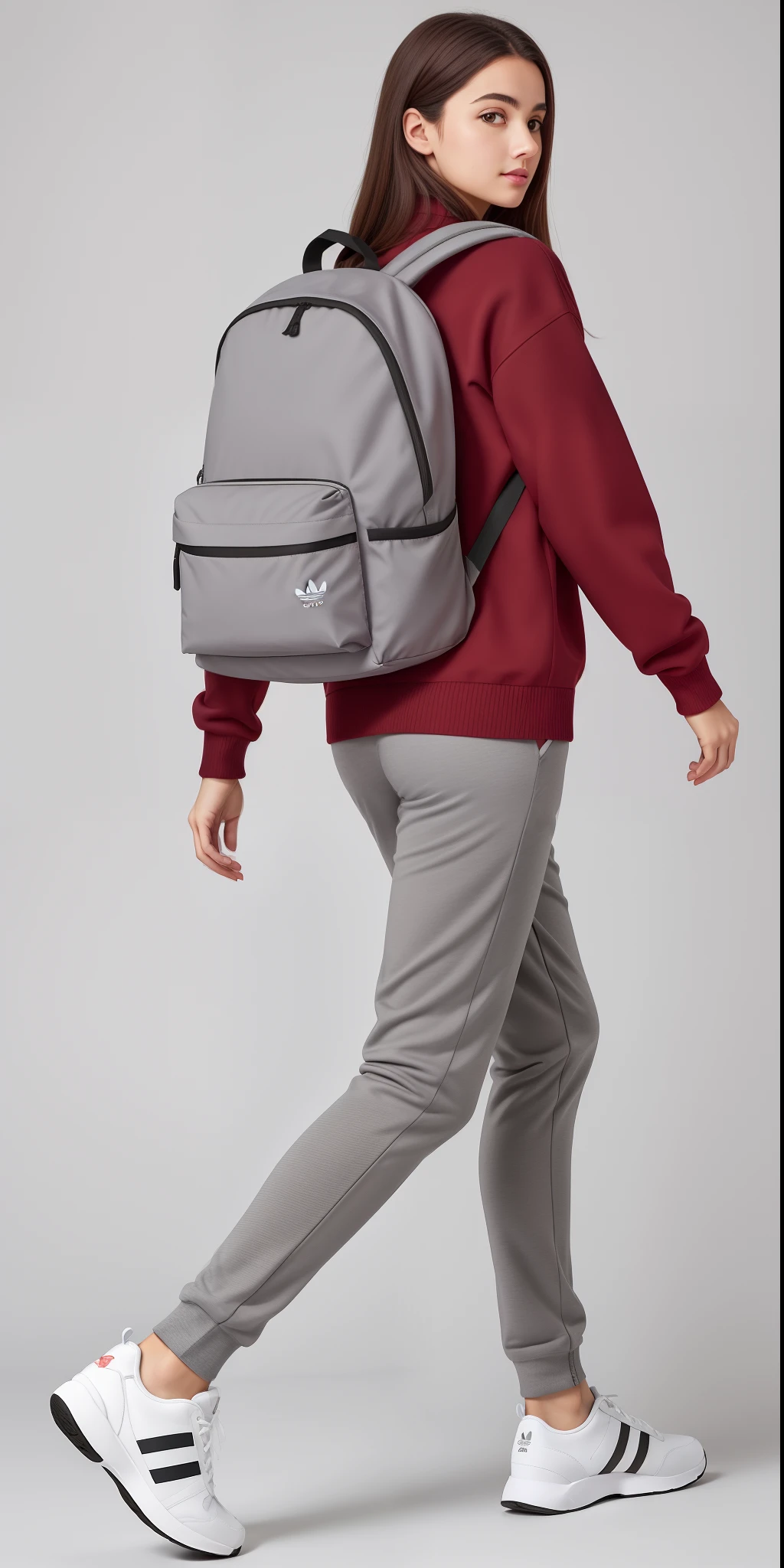 A beautiful woman in a red sweater and gray pants carrying a backpack, roupas esportivas, roupas esportivas, apenas vermelho e cinza, Futuristic technological wear and tear, roupas esportivas vermelhas, moda do futuro, uma mochila, roupas do futuro, mochila, roupas esportivas fofas, hind legs and human sneakers, com uma mochila, smart textiles, 2 mulheres techwear, usando roupas adidas