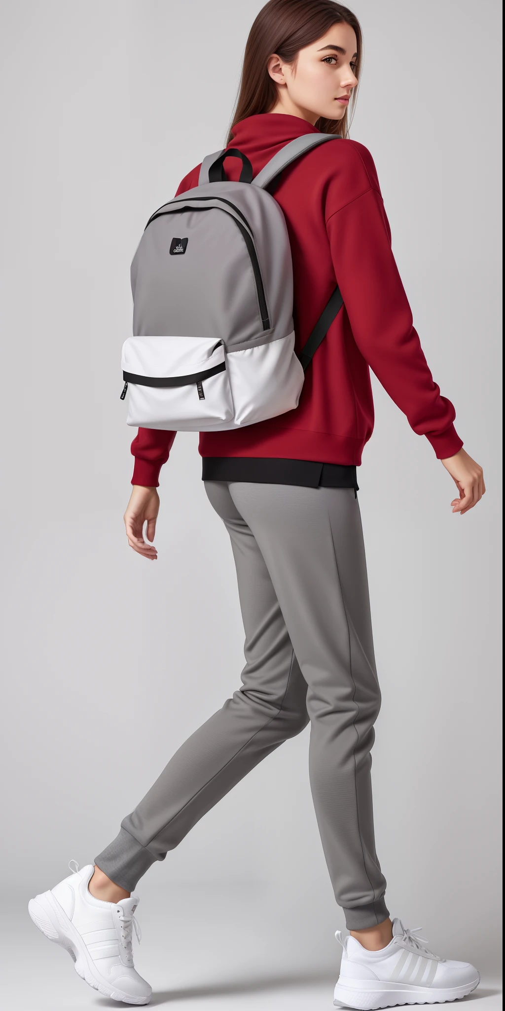 A beautiful woman in a red sweater and gray pants carrying a backpack, roupas esportivas, roupas esportivas, apenas vermelho e cinza, Futuristic technological wear and tear, roupas esportivas vermelhas, moda do futuro, uma mochila, roupas do futuro, mochila, roupas esportivas fofas, hind legs and human sneakers, com uma mochila, smart textiles, 2 mulheres techwear, usando roupas adidas