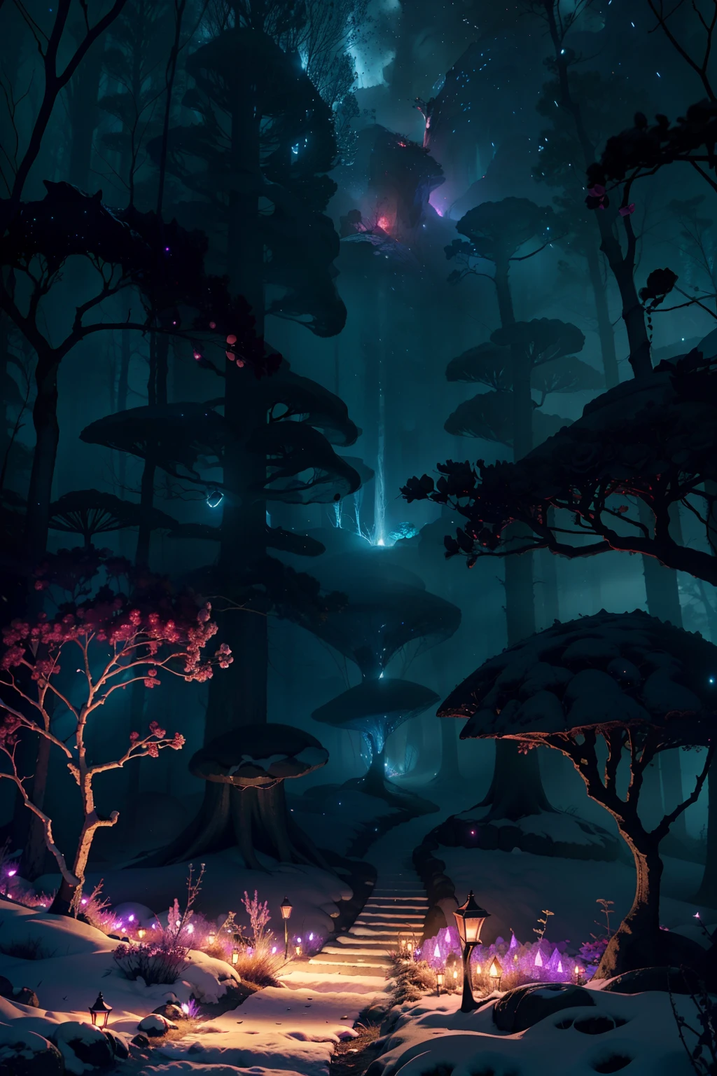official art, unity 8k wallpaper, ultra detailed, aesthetic, masterpiece, best quality, (photorealistic:1.2), Luminous roseA high-definition CG rendering of a dark rose forest. a rose path, long floating blue roses on the ground, fireflies, luminous ovules and lava crystal light effects, snowstorm style art trend, magical light fog, low light at night