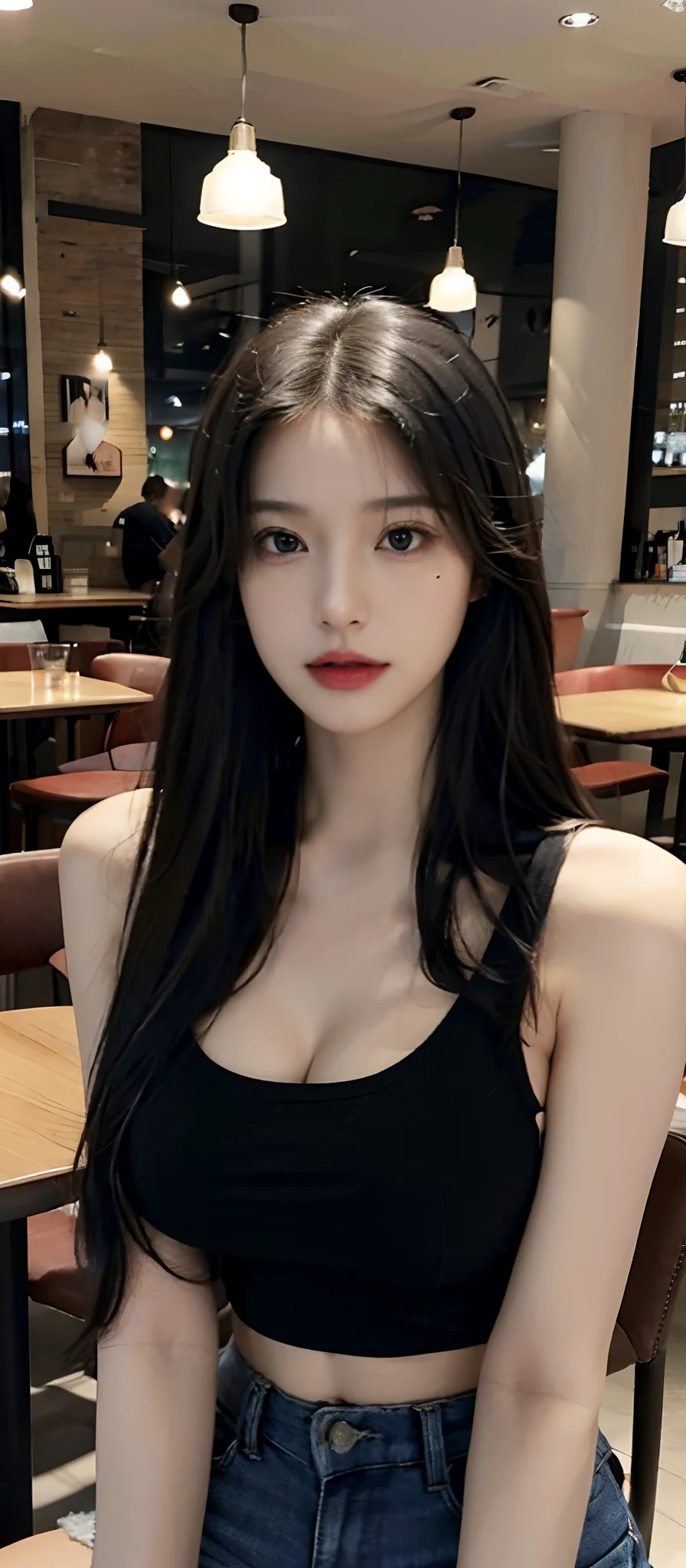 (realistic, high resolution:1.3), 1 girl with perfect figure, super fine face and eyes, black hair, long hair, tank top: 1.2 in random colors, short jeans, in a café, coffee on the table, big breasts, exposed cleavage