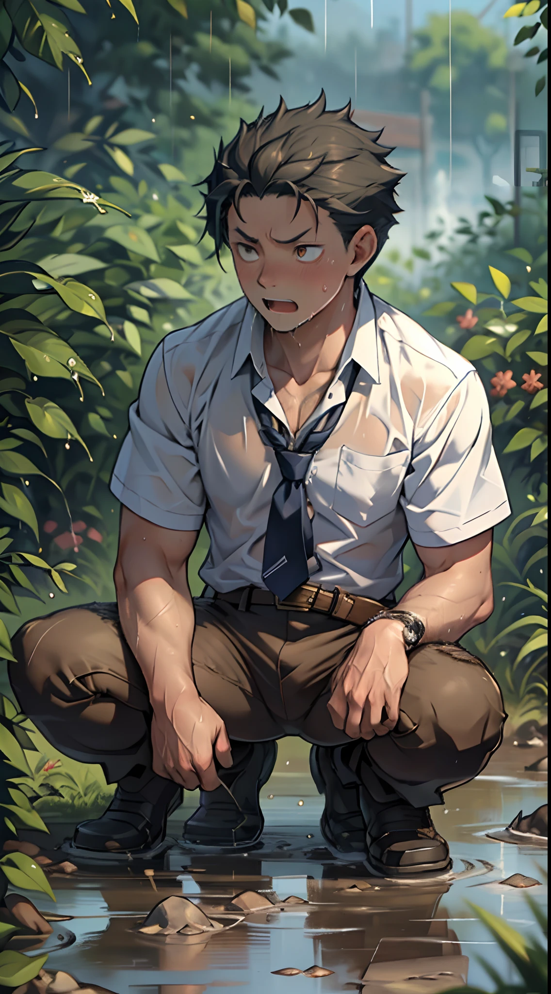 （1 Adult male），A high resolution， Sharp focus， Pixiv masterpiece， （（Complicated details））， highly  detailed， natsuki_subaru， 1 man，Lying in the mud， Nervous，full bodyesbian， Golden eyes（eyes glowing）， Short blue hair，white  shirt，Wear a tie，Wear a belt，perspire，rain，Drenched，Sweaty crotch，Urine coming out of the crotch，pissing，Pee on the legs，Urine running down the thighs embarrassingly，The pants were wet and drenched in urine，exhilarated，is shocked，panicking，worry，A small puddle of its own urine forms at the feet