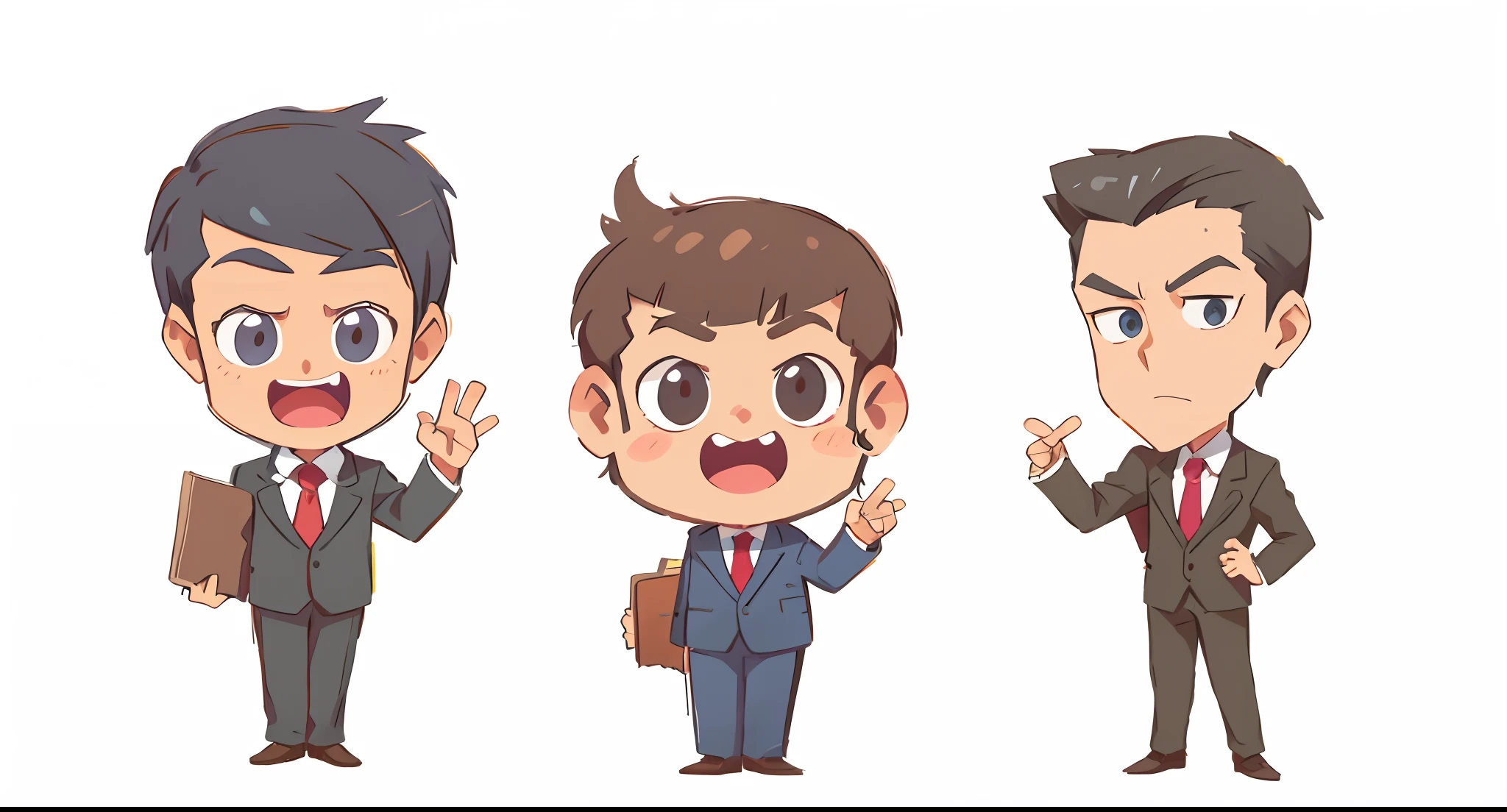 Cartoon merchants with different expressions, ace attorney style, Professional character design, wear suit!, High-quality fanart, phoenix wright, a variety of poses, wear suit, high quality character design, kentaro miura art style, official character illustration, male character design, wearing a suit and a tie, corporate animation style, wear suit, dressed in a suit