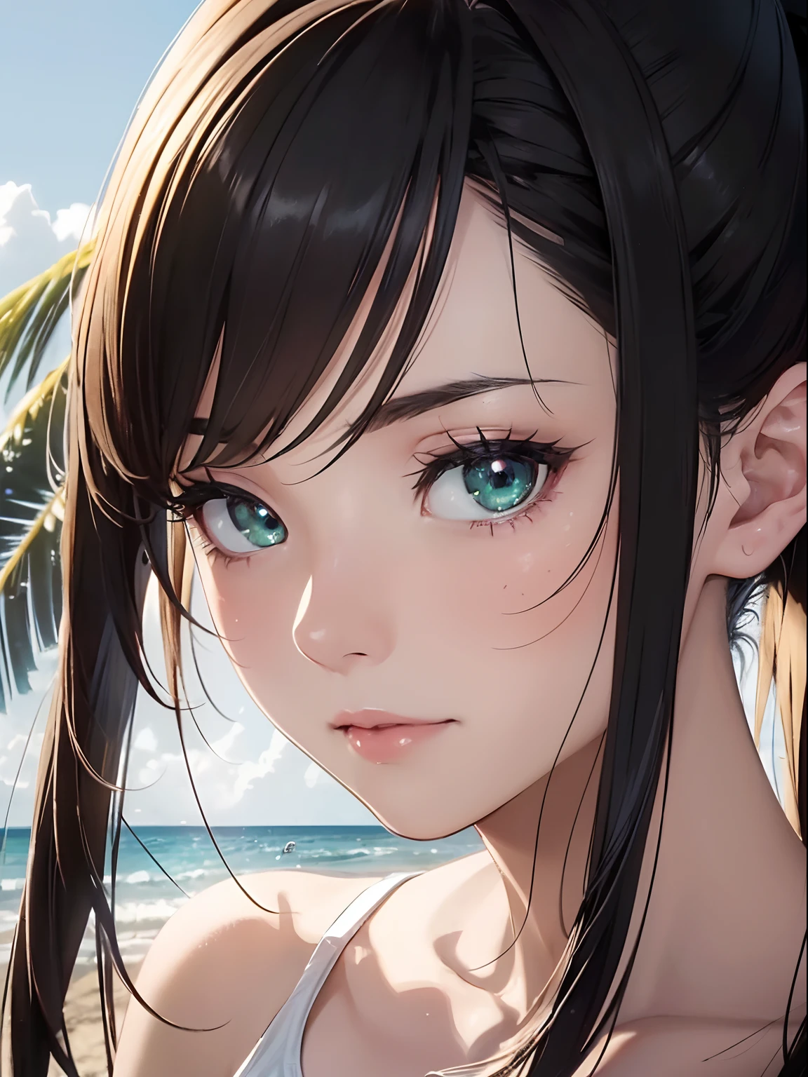 NFSW, 1 Lady,  Face, (((1 Lady:1.37, Solo))), (((Extreme close-up of the face))), (Beautiful face, Cute face, Detailed face, tthin eyebrows), ((( Black hair, Semi-long hair, Hair pulled back, side poneyTail))), (((Detailed beautiful green eyes, drooing eyes))), BREAK, (((Sunny))), (((in beach))), BREAK, blazing, Shiny skin, extremely detailed CG unified 8k wallpaper, very fine 8KCG wallpaper, anime moe art style, Anime visuals of cute girls, anime style portrait, In an anime style, Beautiful anime, 8K Anime Art Style, In anime style、8K animation with detailed drawings, (​masterpiece, Best Quality), High resolution, Ultra-detailed, ultra-sharp, Cinematic lighting