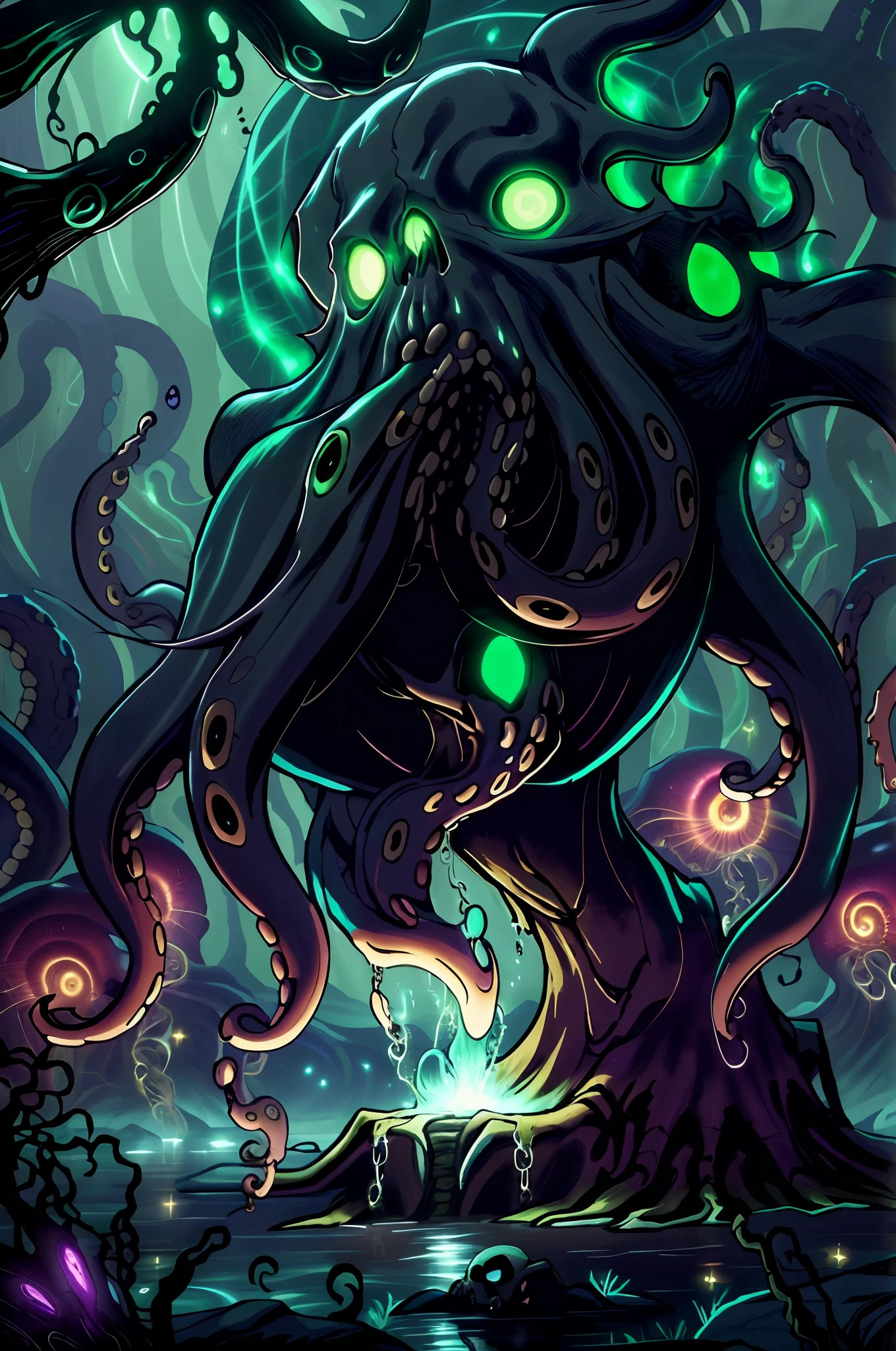 zrpgstyle, from_side from_below dark swamp eldritch monster (skull face:1.2) creature with (octopus tentacles:1.2) rising out of the water moss slime vines churning water fireflies midnight moonlight backlight (masterpiece:1.2) (best quality) (detailed) (intricate) (8k) (HDR) (wallpaper) (cinematic lighting) (sharp focus)