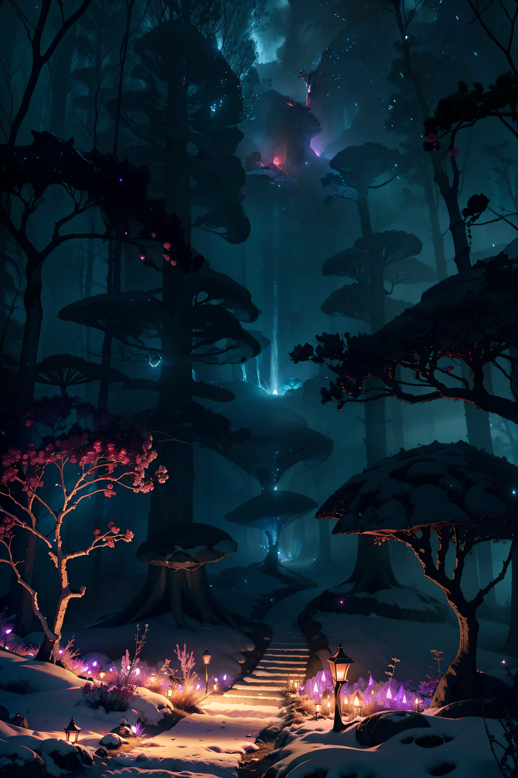 official art, unity 8k wallpaper, ultra detailed, aesthetic, masterpiece, best quality, (photorealistic:1.2), Luminous roseA high-definition CG rendering of a dark rose forest. a rose path, long floating blue roses on the ground, fireflies, luminous ovules and lava crystal light effects, snowstorm style art trend, magical light fog, low light at night