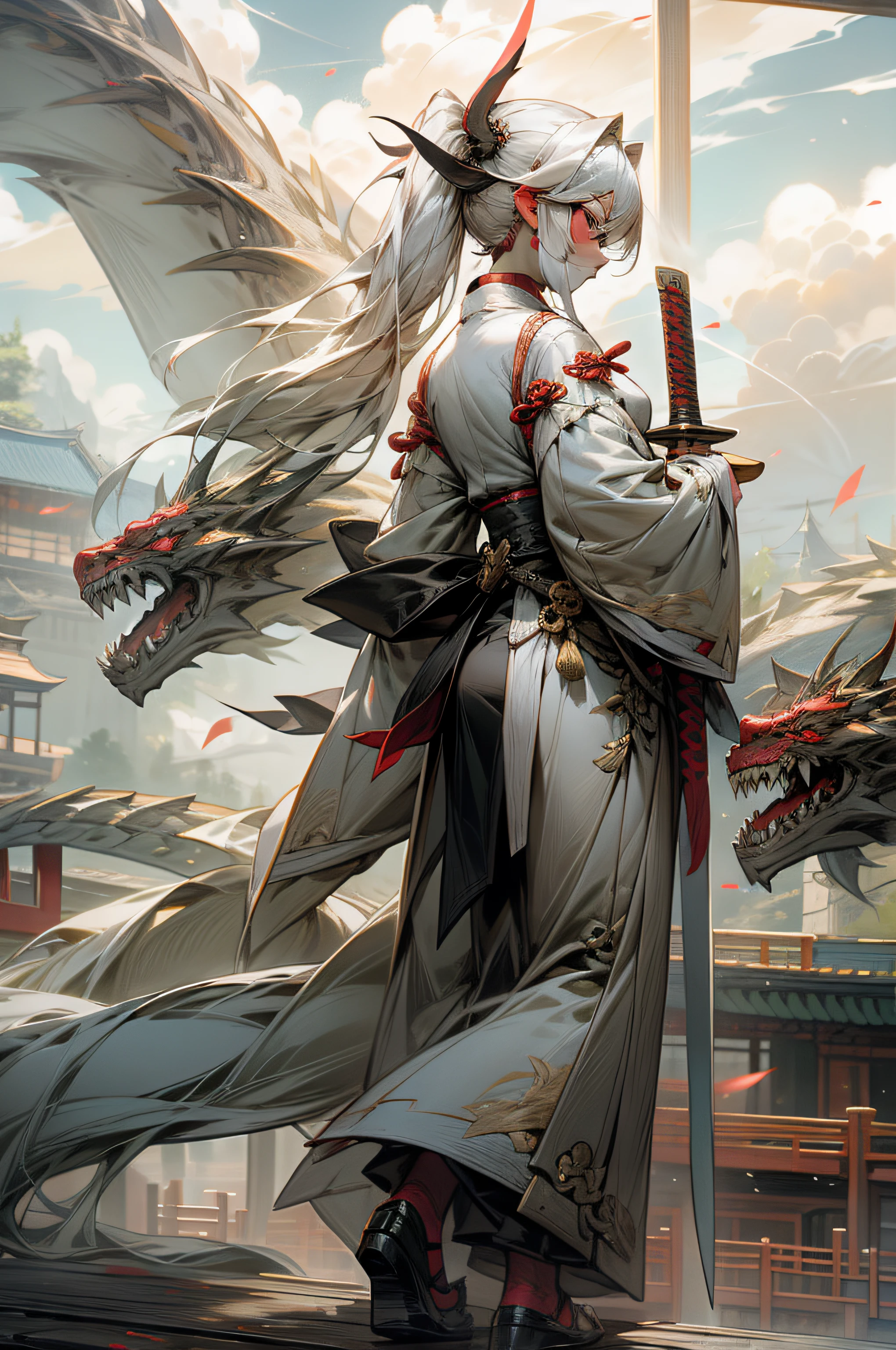 chinesedragon,drak,a Oriental Dragons,arma,The sword,holdingweapon,1girll,long whitr hair,clouds,standing on your feet,clutching a sword,female focus, Skysky, pony tails, Silvery-white hair, long sword, exteriors, mostly cloudy sky, banya,Chinese clothes,Back view,电影灯光