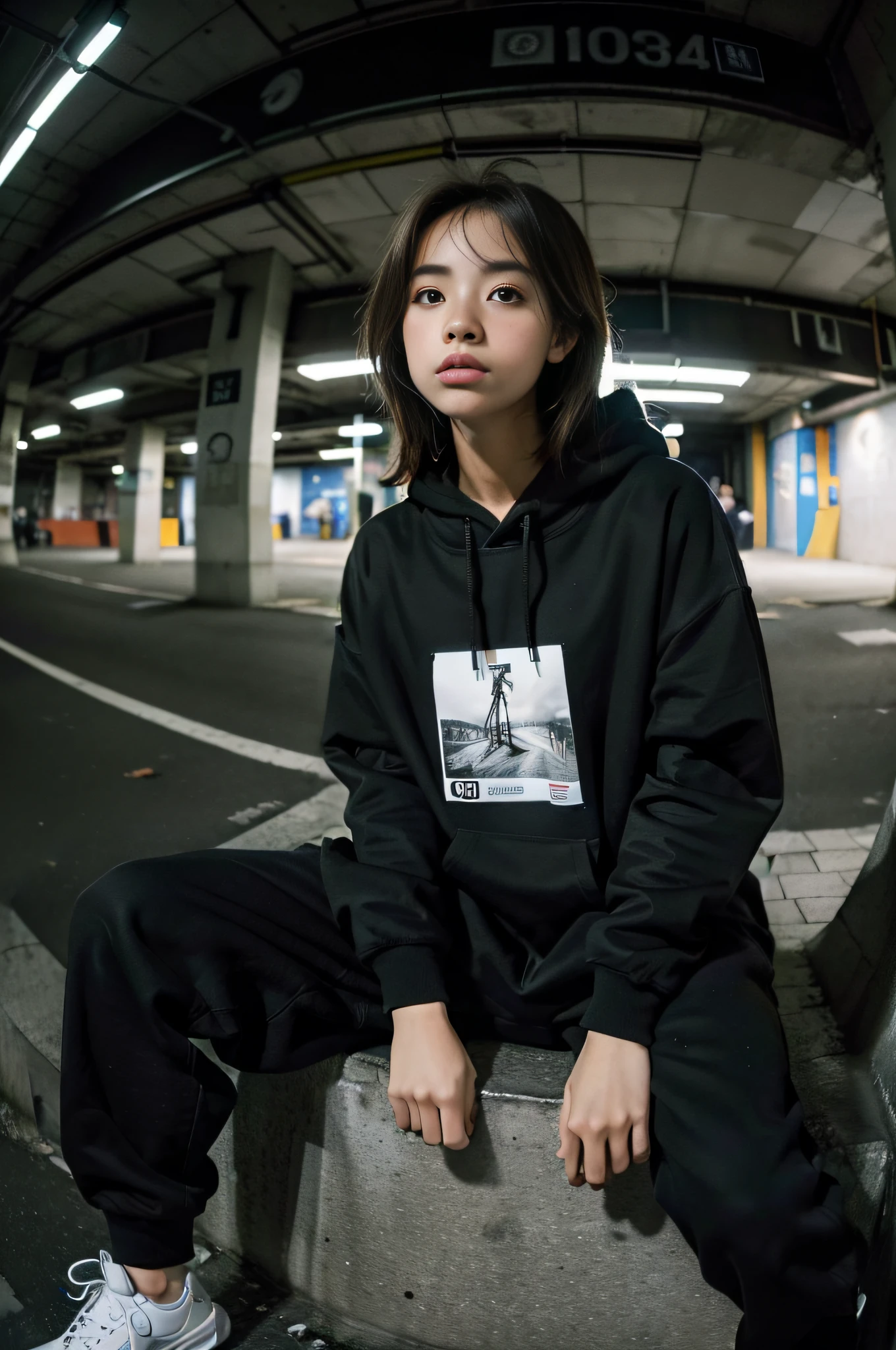 (Ultra detailed), (Best Quality) (Highly detailed face), (Best Illustration), ((Realistic)), (shot on iPhone), (empty underground parking lot), solo, 1 girl, head phones (streetwear), (baggy clothes), (baggy), sitting on stairs, ((fish eye lens mid-shot)), (fish-eye lens), (aesthetic pose), ((aesthetic photography)), ((look at viewer)),
